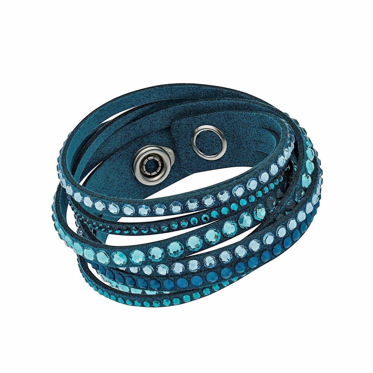 Swarovski 5043496 Slake Blue Alcantara Women's Crystal Accented Wrap Deluxe Bracelet featuring Jet Hematite crystals and adjustable snap buttons.