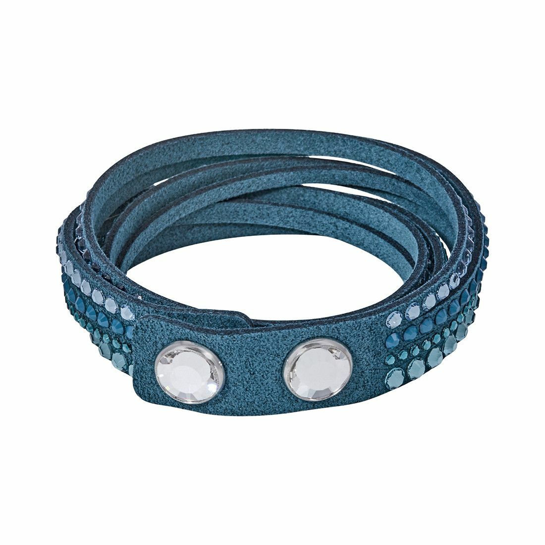 Swarovski 5043496 Slake Blue Alcantara Women's Crystal Accented Wrap Deluxe Bracelet featuring Jet Hematite crystals and adjustable snap buttons.