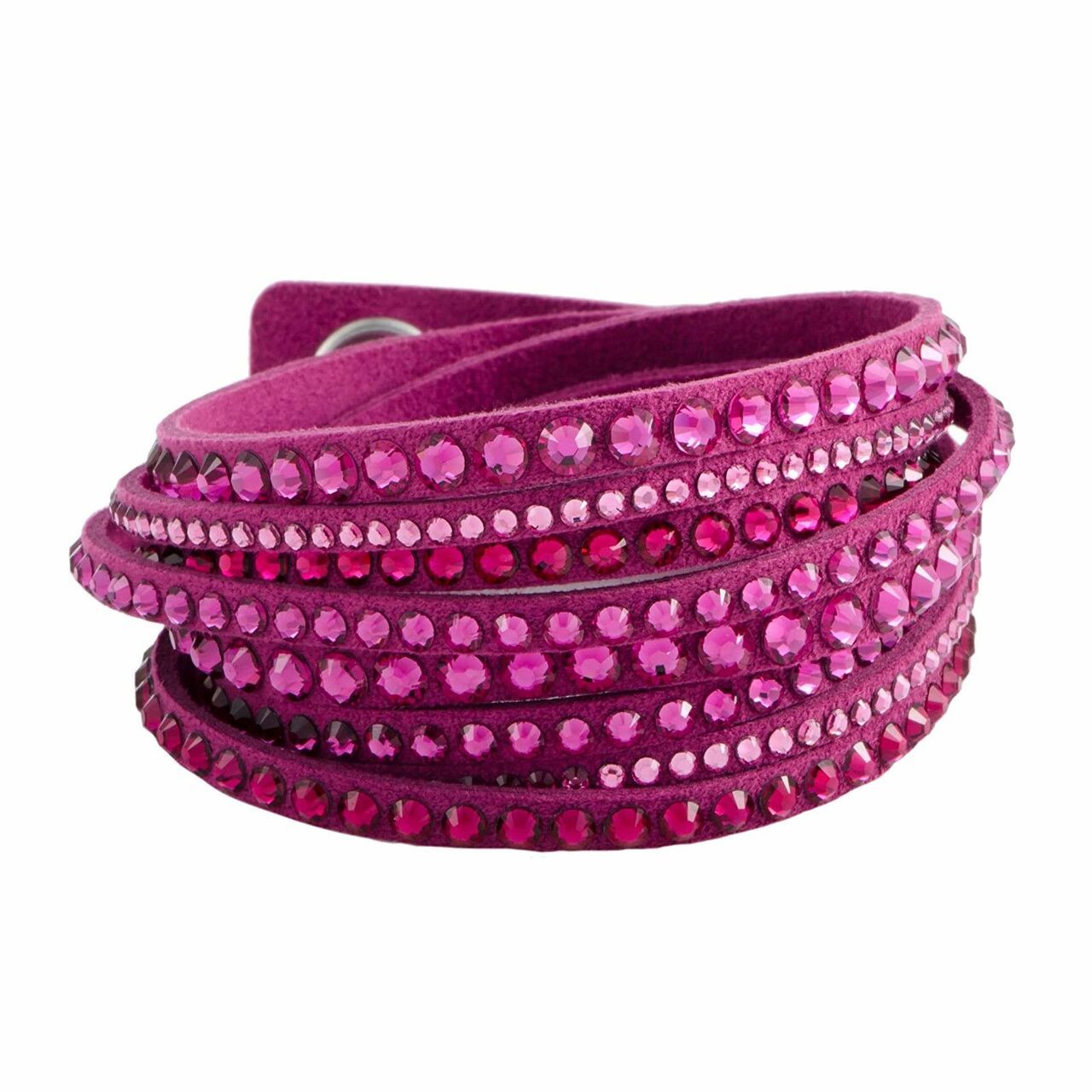 Swarovski 5124127 Slake Fuchsia Alcantara bracelet with cubic zirconia crystals, showcasing a twisted design and adjustable crystal button closure.