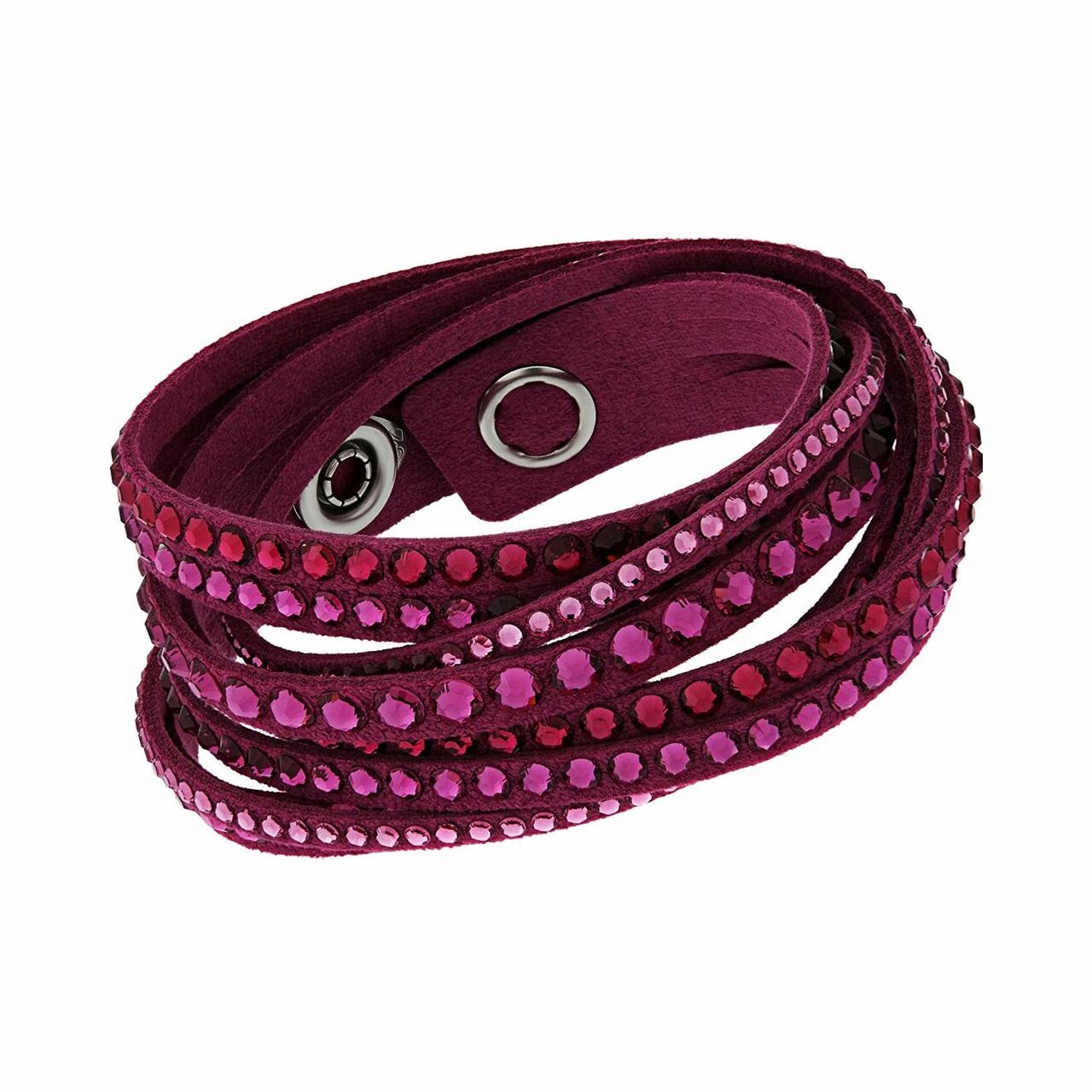 Swarovski 5124127 Slake Fuchsia Alcantara bracelet with cubic zirconia crystals, showcasing a twisted design and adjustable crystal button closure.