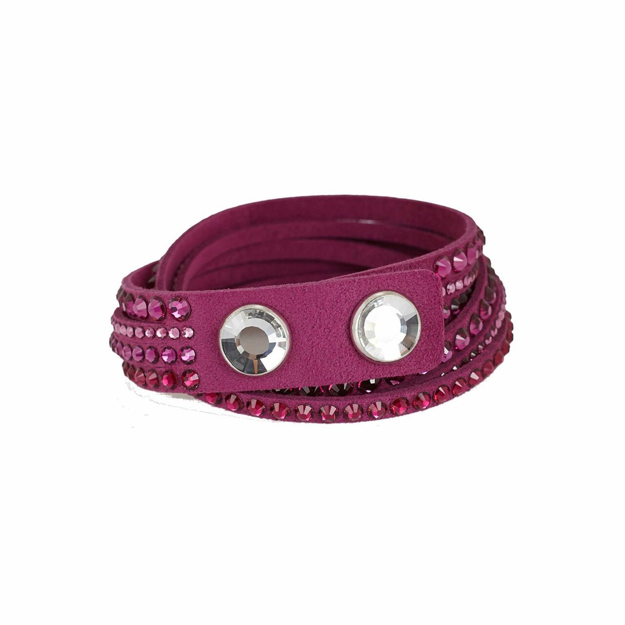 Swarovski 5124127 Slake Fuchsia Alcantara bracelet with cubic zirconia crystals, showcasing a twisted design and adjustable crystal button closure.