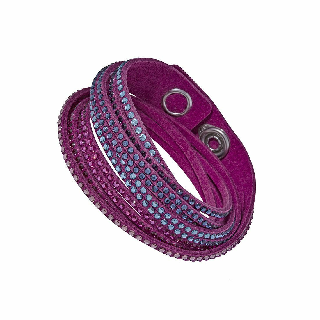 Swarovski 5202465 Slake 2 in 1 Fuchsia Alcantara Fabric Bracelet featuring vibrant fuchsia and blue tones with sparkling crystals.