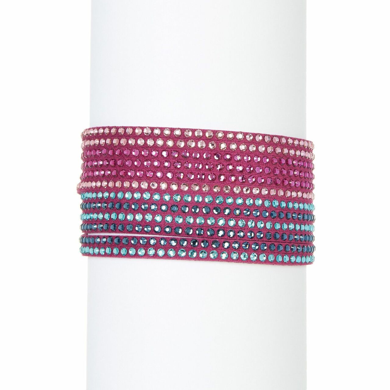 Swarovski 5202465 Slake 2 in 1 Fuchsia Alcantara Fabric Bracelet featuring vibrant fuchsia and blue tones with sparkling crystals.