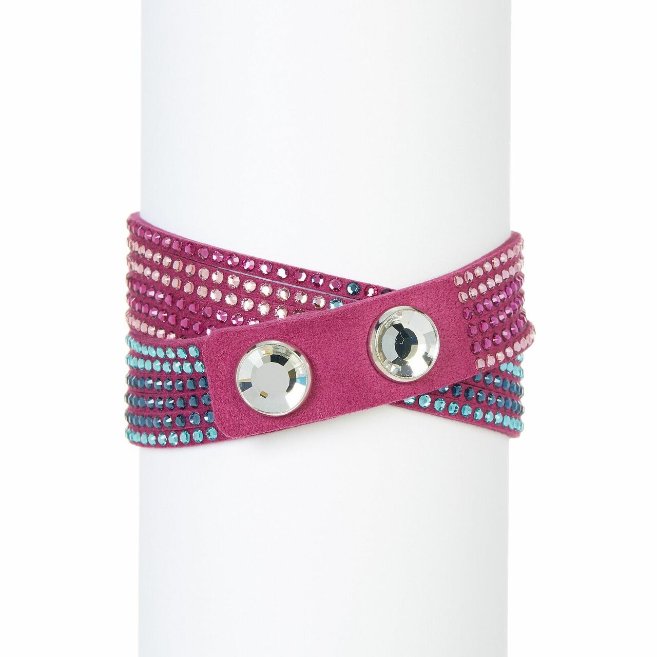 Swarovski 5202465 Slake 2 in 1 Fuchsia Alcantara Fabric Bracelet featuring vibrant fuchsia and blue tones with sparkling crystals.