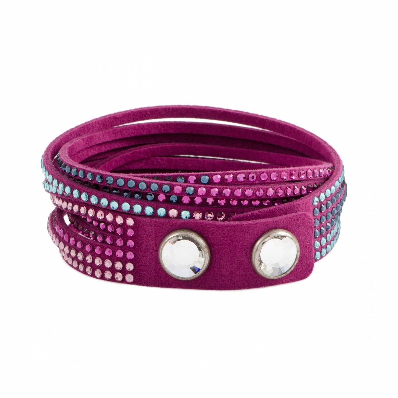 Swarovski 5202465 Slake 2 in 1 Fuchsia Alcantara Fabric Bracelet featuring vibrant fuchsia and blue tones with sparkling crystals.