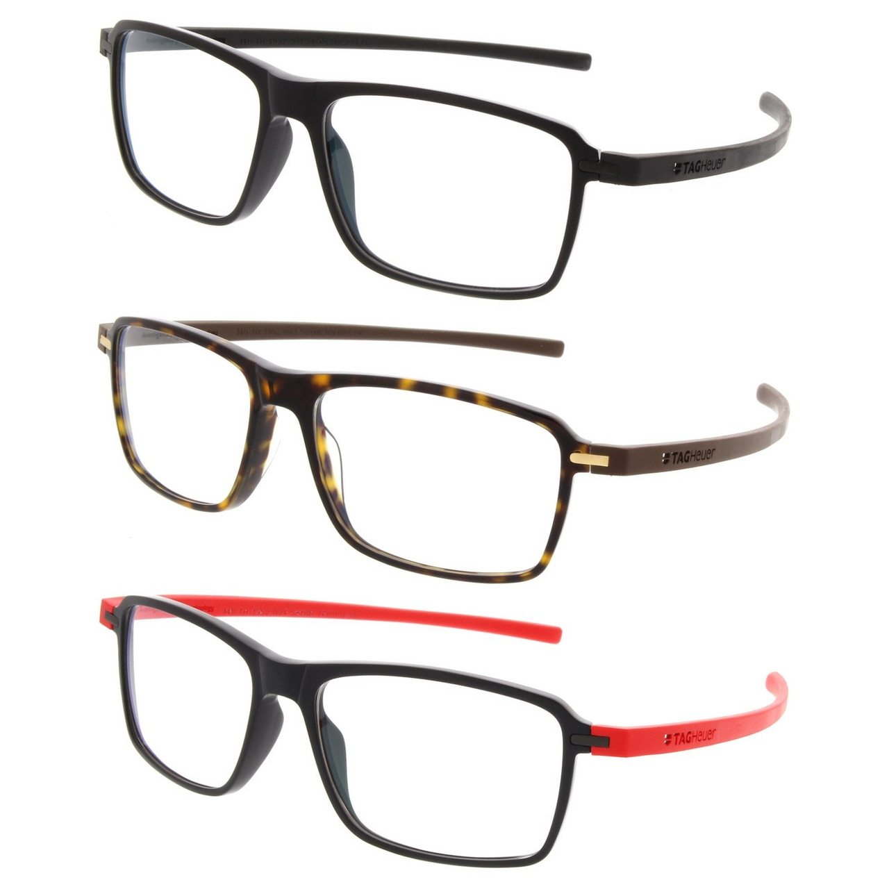 TAG Heuer 3952 Reflex 3 Rectangle Prescription Eyeglasses with black and tortoise brown color options, featuring rubber arms and a lightweight frame.