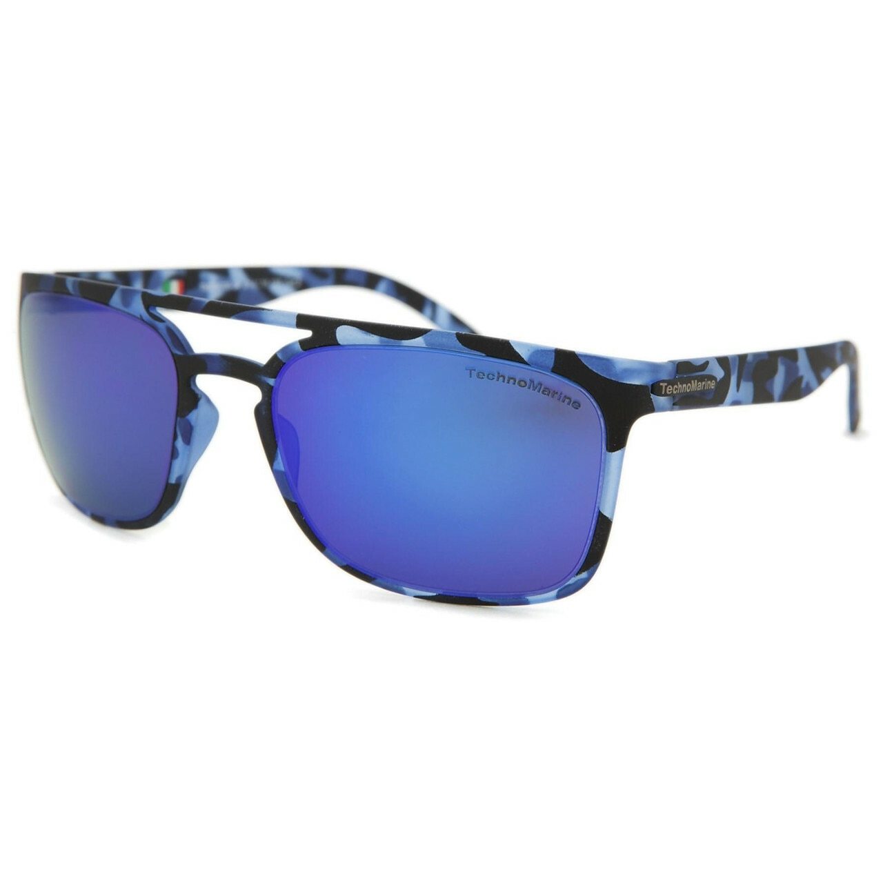 Technomarine Manta Ray TMEW006-04 sunglasses featuring a blue camouflage rectangular frame and mirrored lenses.