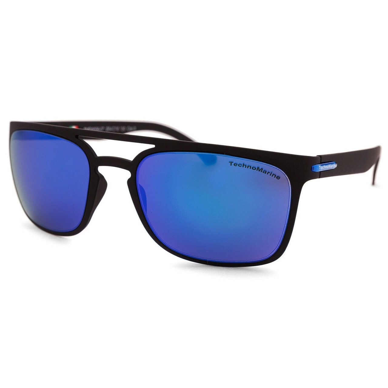 Technomarine Manta Ray TMEW006-07 sunglasses featuring a black camouflage frame and blue mirrored lenses, elegantly displayed.