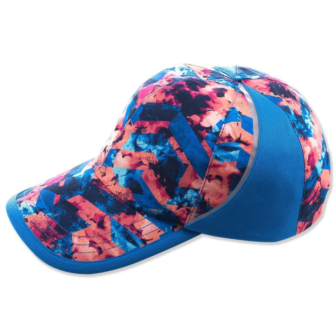 TEK Gear Lite Weight Moisture Wicking Reflective Trim Sport Running Hat in abstract design, showcasing adjustable velcro strap and reflective trim.