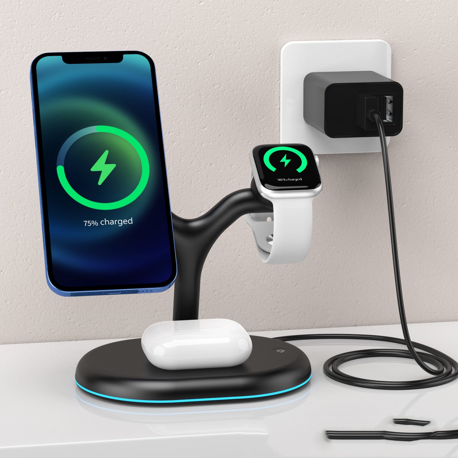 Three-in-one magnetic wireless charger for phone, headset, and watch in sleek black design, showcasing its compact size and functionality.