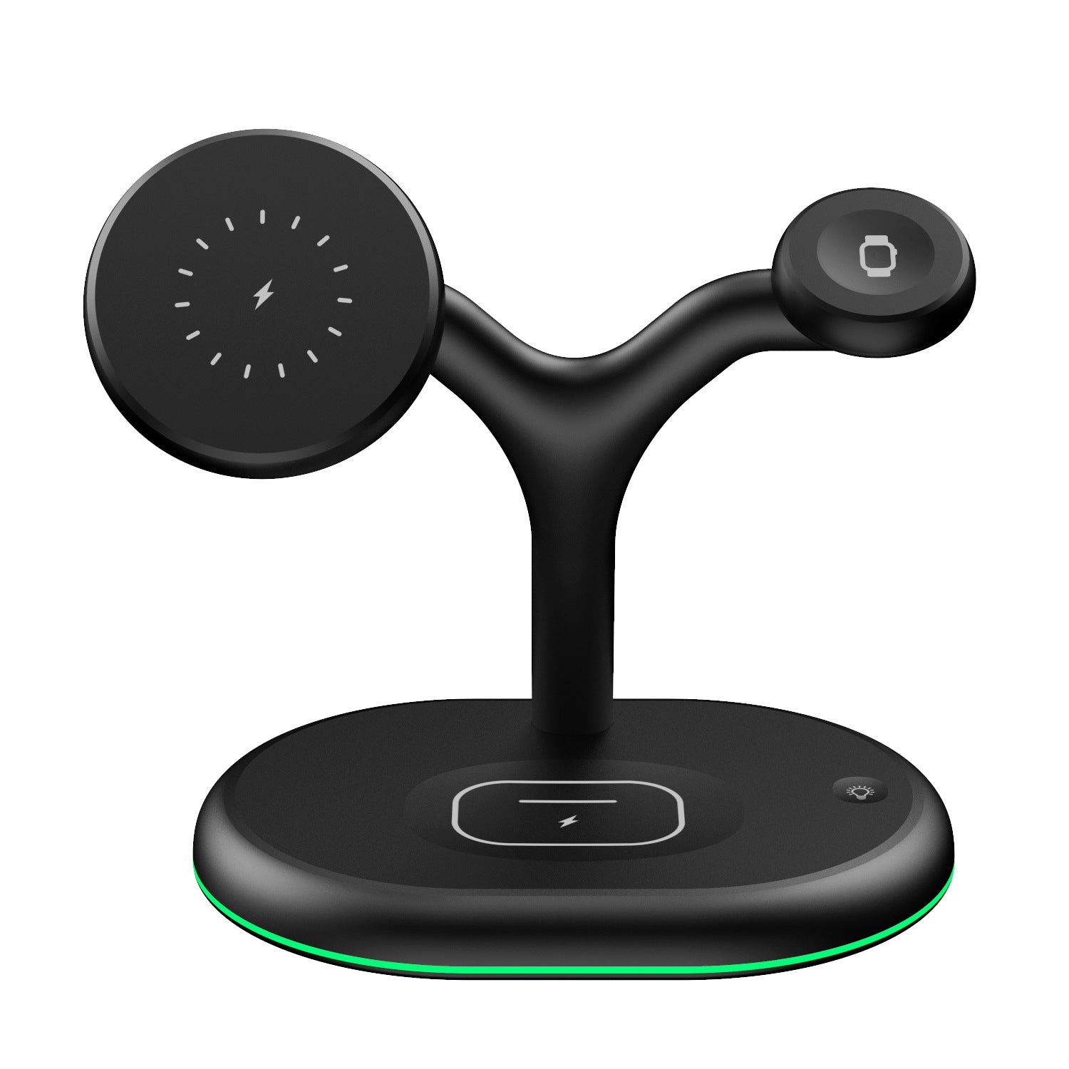 Three-in-one magnetic wireless charger for phone, headset, and watch in sleek black design, showcasing its compact size and functionality.