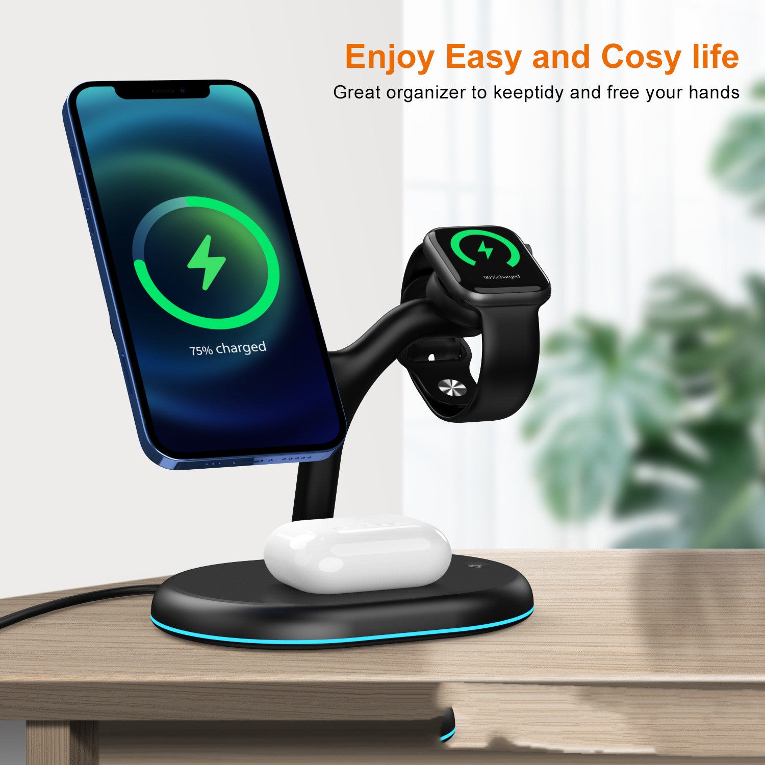 Three-in-one magnetic wireless charger for phone, headset, and watch in sleek black design, showcasing its compact size and functionality.