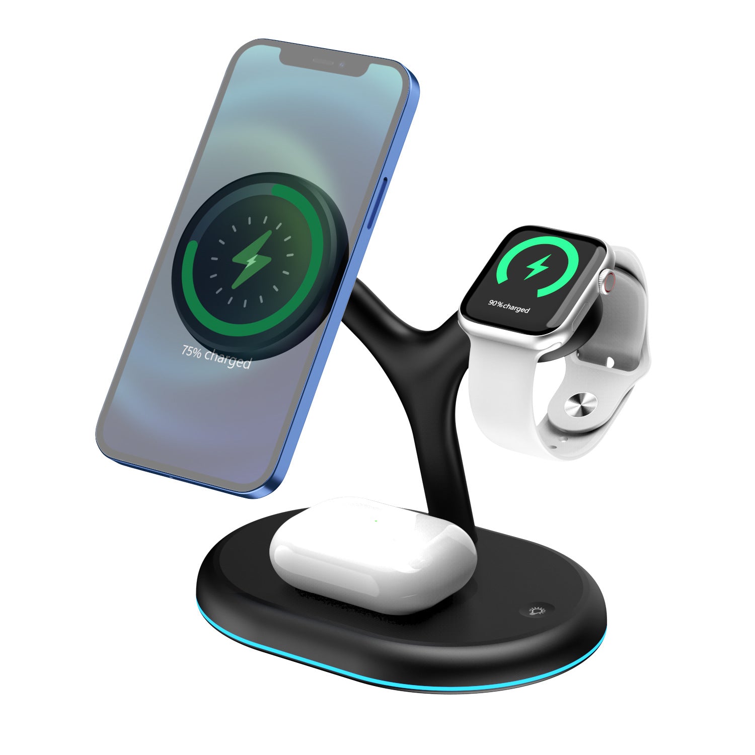 Three-in-one magnetic wireless charger for phone, headset, and watch in sleek black design, showcasing its compact size and functionality.