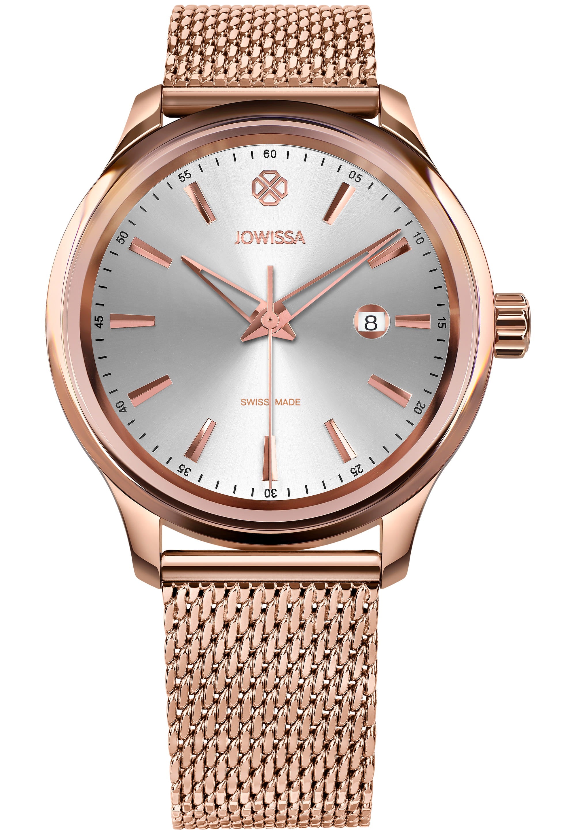 Tiro Swiss Ladies Watch J4.218.L featuring a stainless steel case, shiny sunray dial, and mesh band, showcasing elegance and precision.