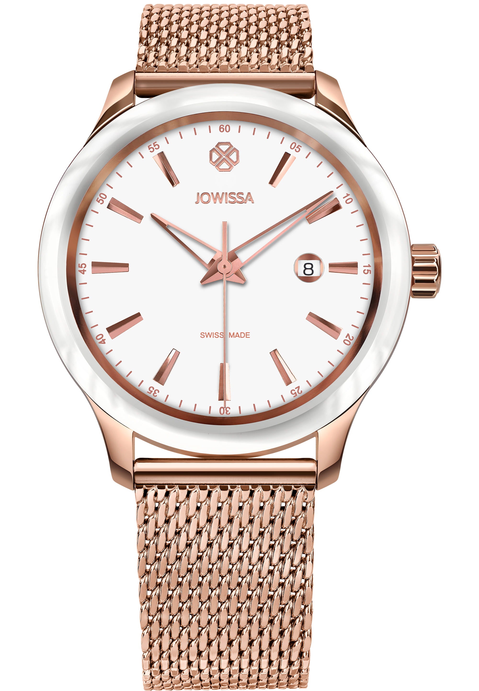 Tiro Swiss Ladies Watch J4.222.L featuring a stainless steel case, shiny sunray dial, and elegant mesh band.