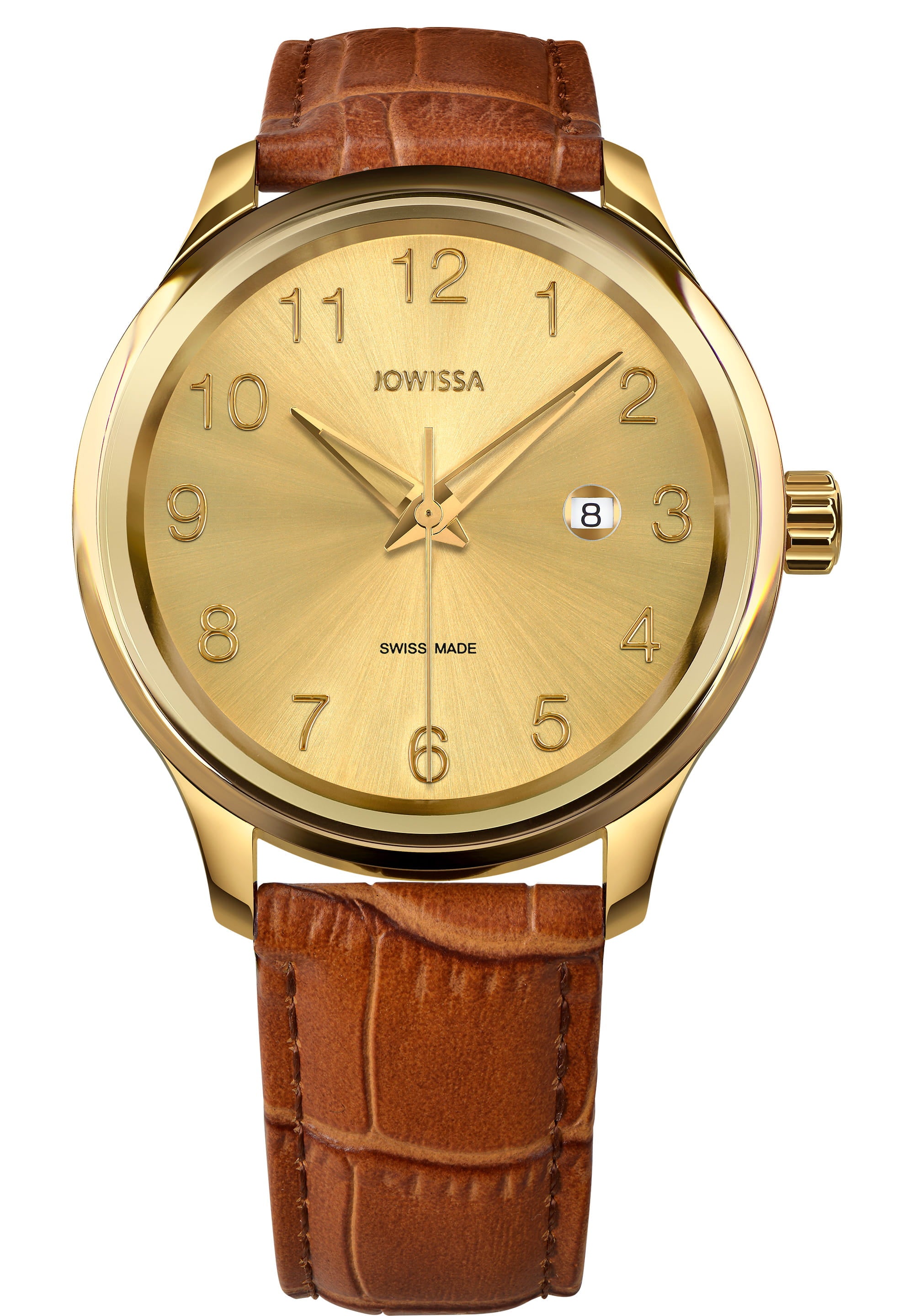 Tiro Swiss Ladies Watch J4.332.L featuring a gold stainless steel case, brown genuine leather strap, and tempered mineral glass.