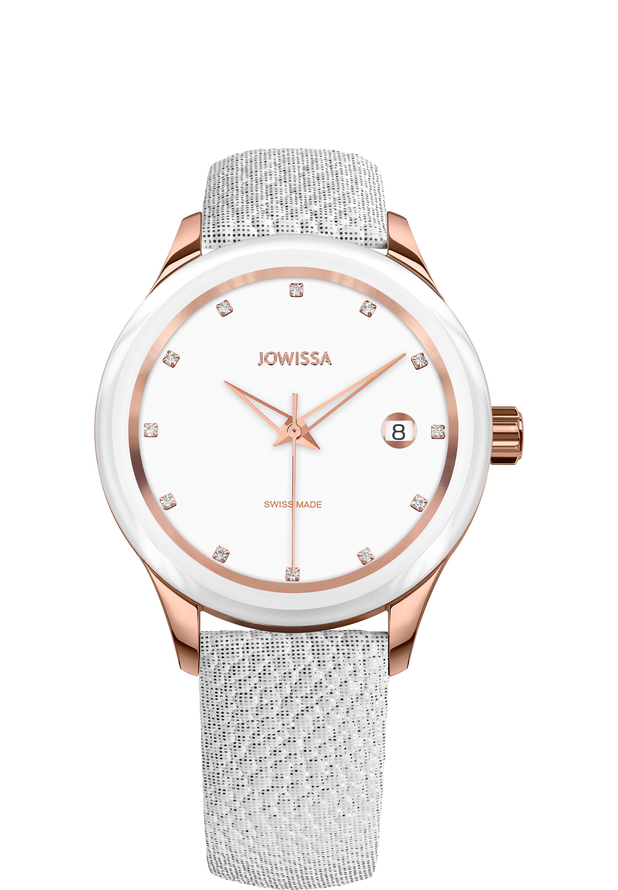 Tiro Swiss Ladies Watch J4.361.M featuring a stainless steel case, rhinestone indices, and a stingray embossed strap.