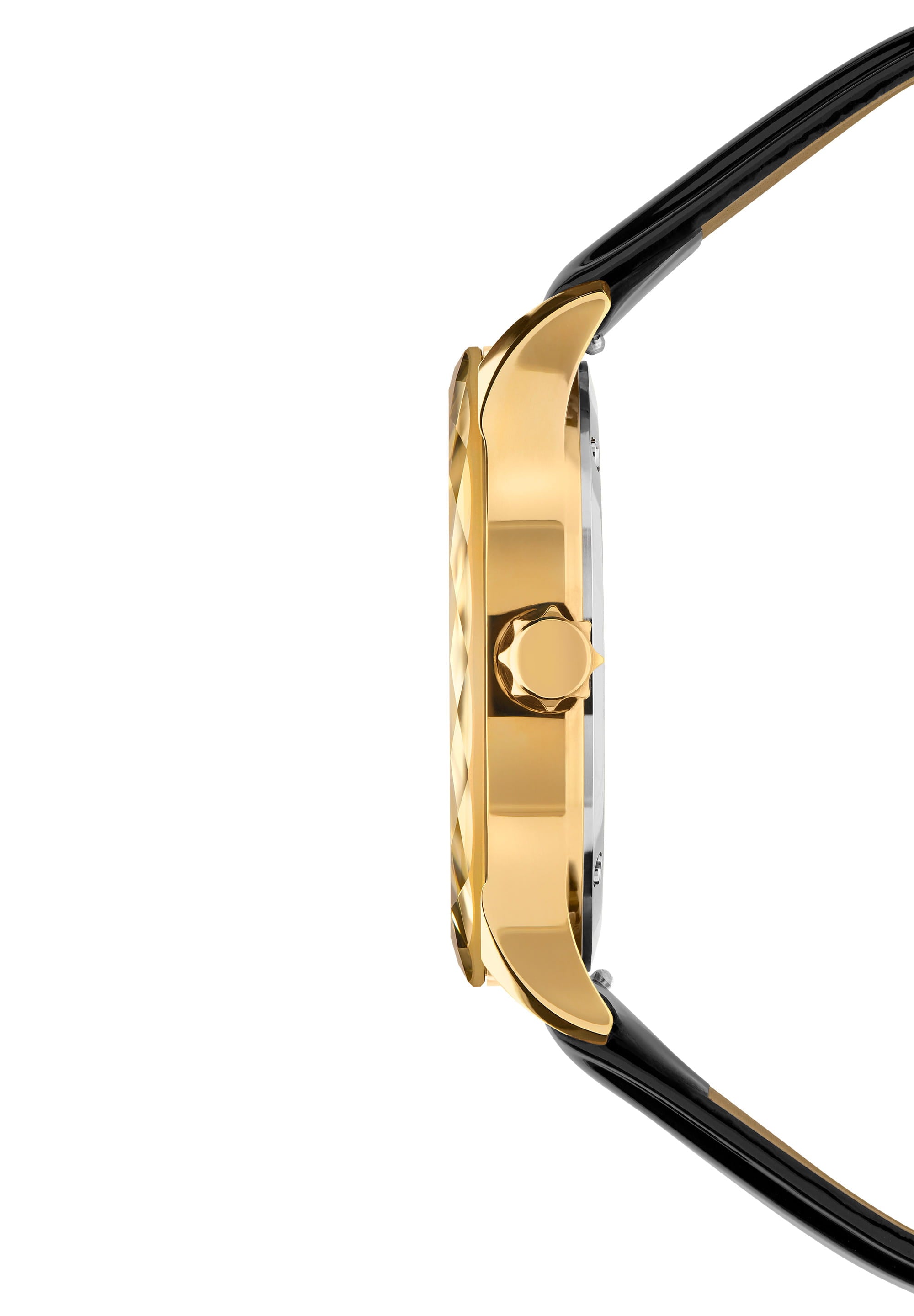 Tiro Swiss Ladies Watch J6.231.M featuring a gold dial, rhinestone hour indices, and a glossy black leather strap.