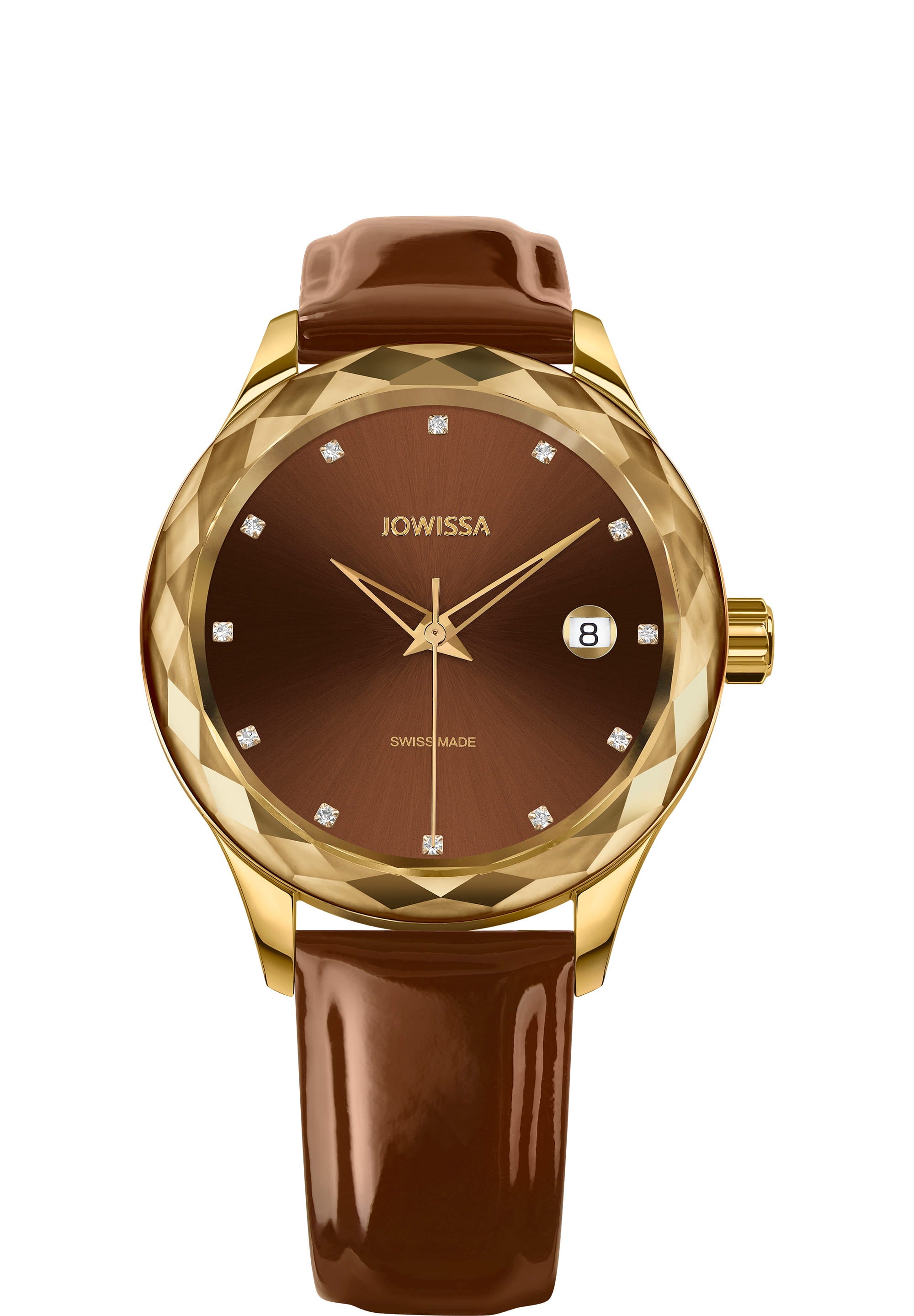 Tiro Swiss Ladies Watch J6.234.M featuring a chocolate-brown dial, gold bezel, and genuine leather strap, showcasing elegance and style.