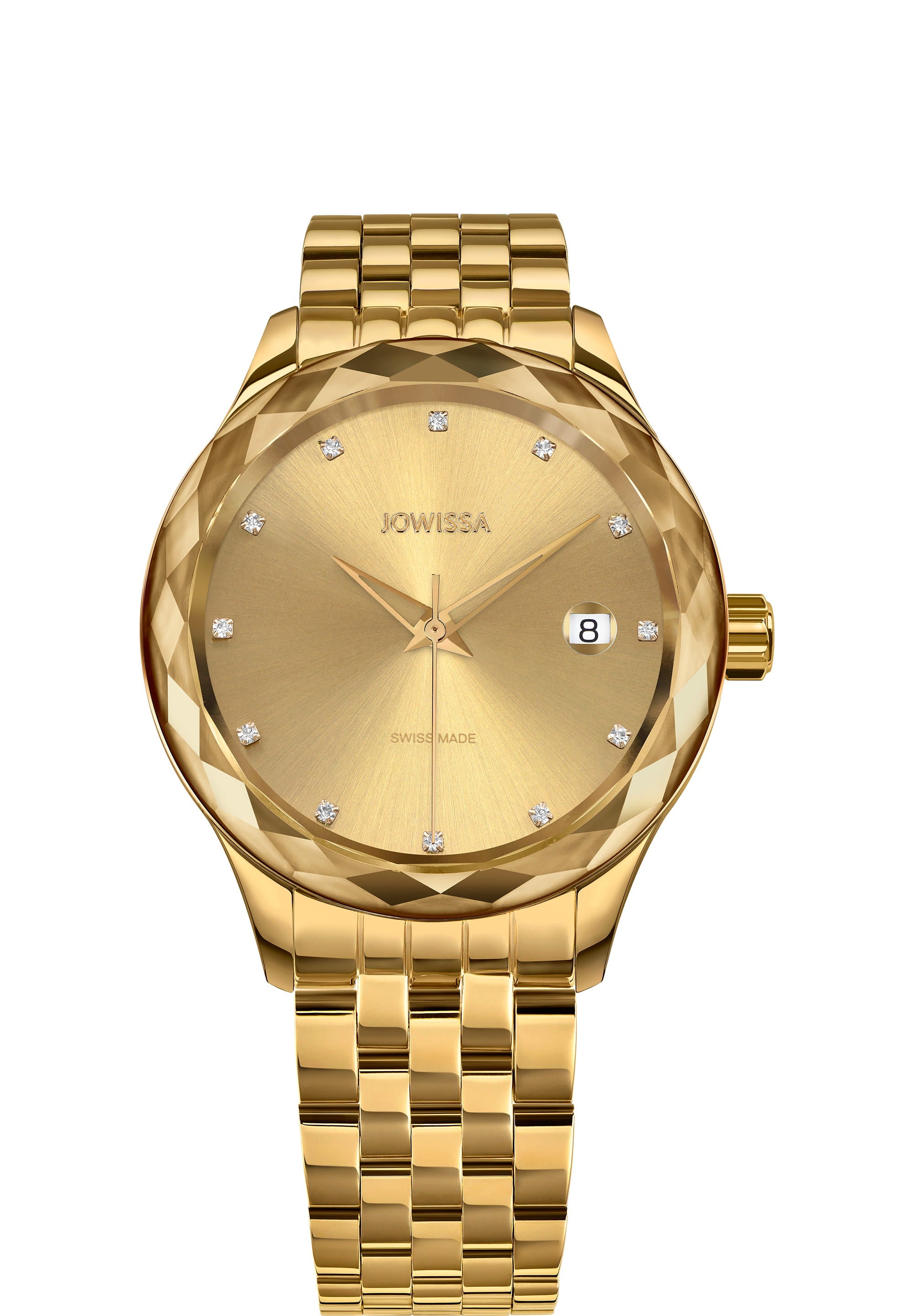 Tiro Swiss Ladies Watch J6.235.M featuring a gold dial, gold mesh bracelet, and rhinestone hour indices.