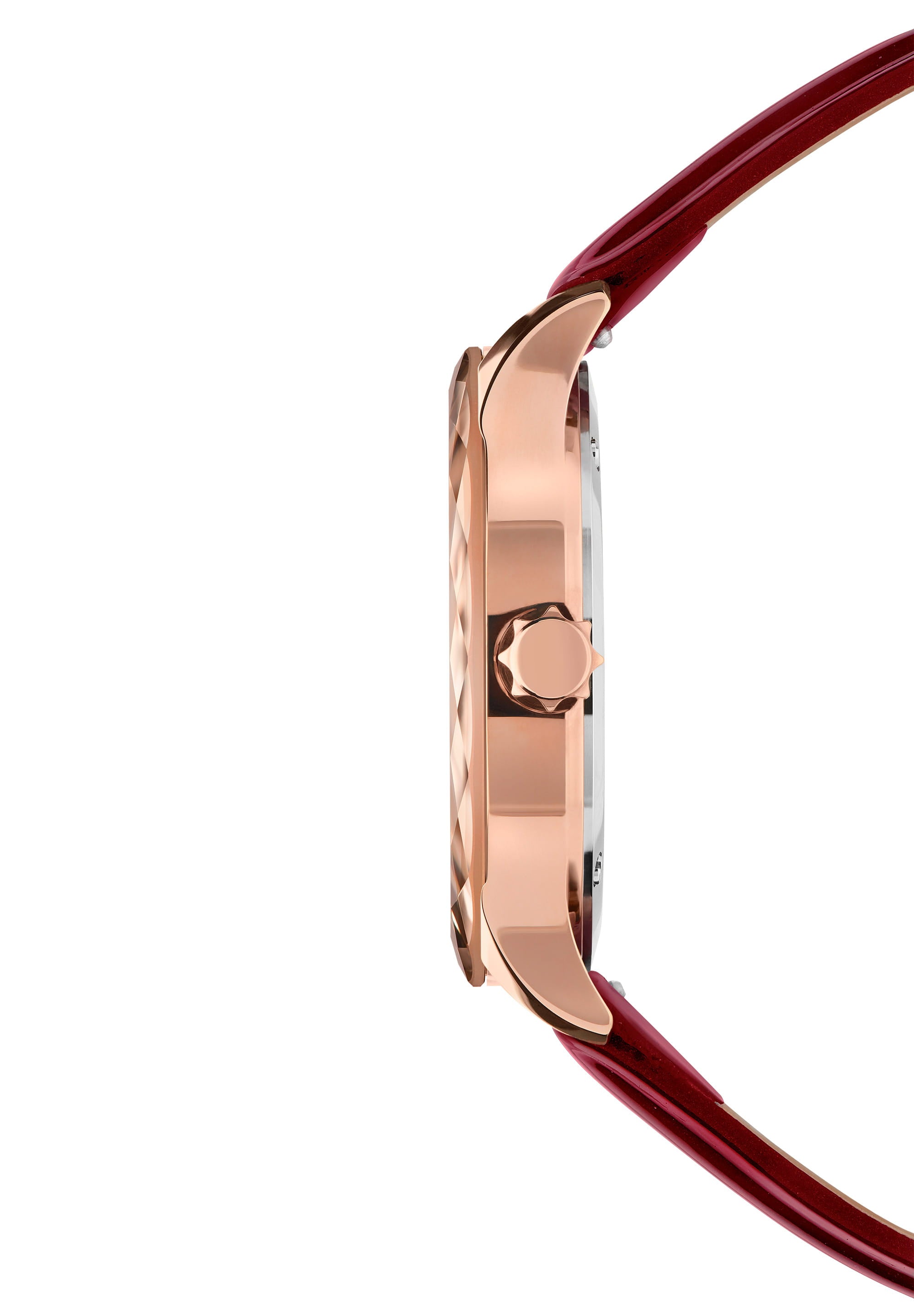 Tiro Swiss Ladies Watch J6.241.M featuring a burgundy dial, rose gold bezel, and a glossy burgundy leather strap.