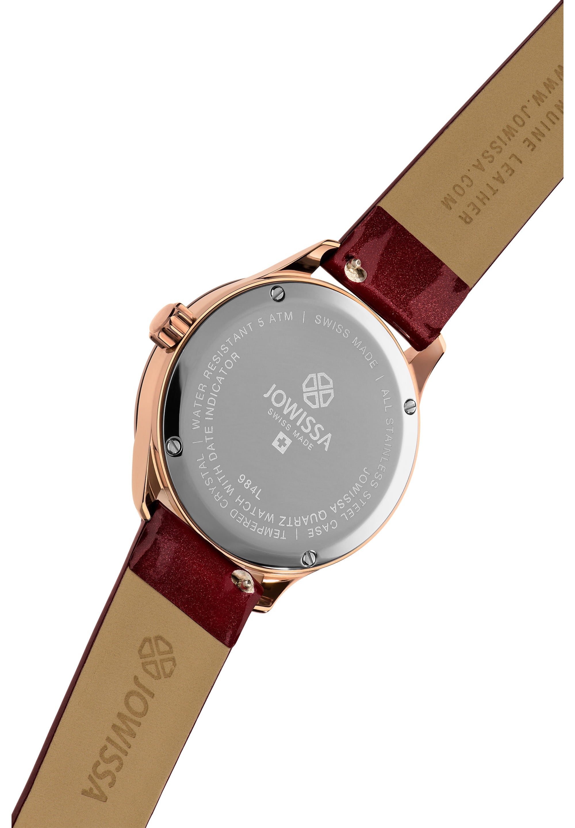 Tiro Swiss Ladies Watch J6.241.M featuring a burgundy dial, rose gold bezel, and a glossy burgundy leather strap.