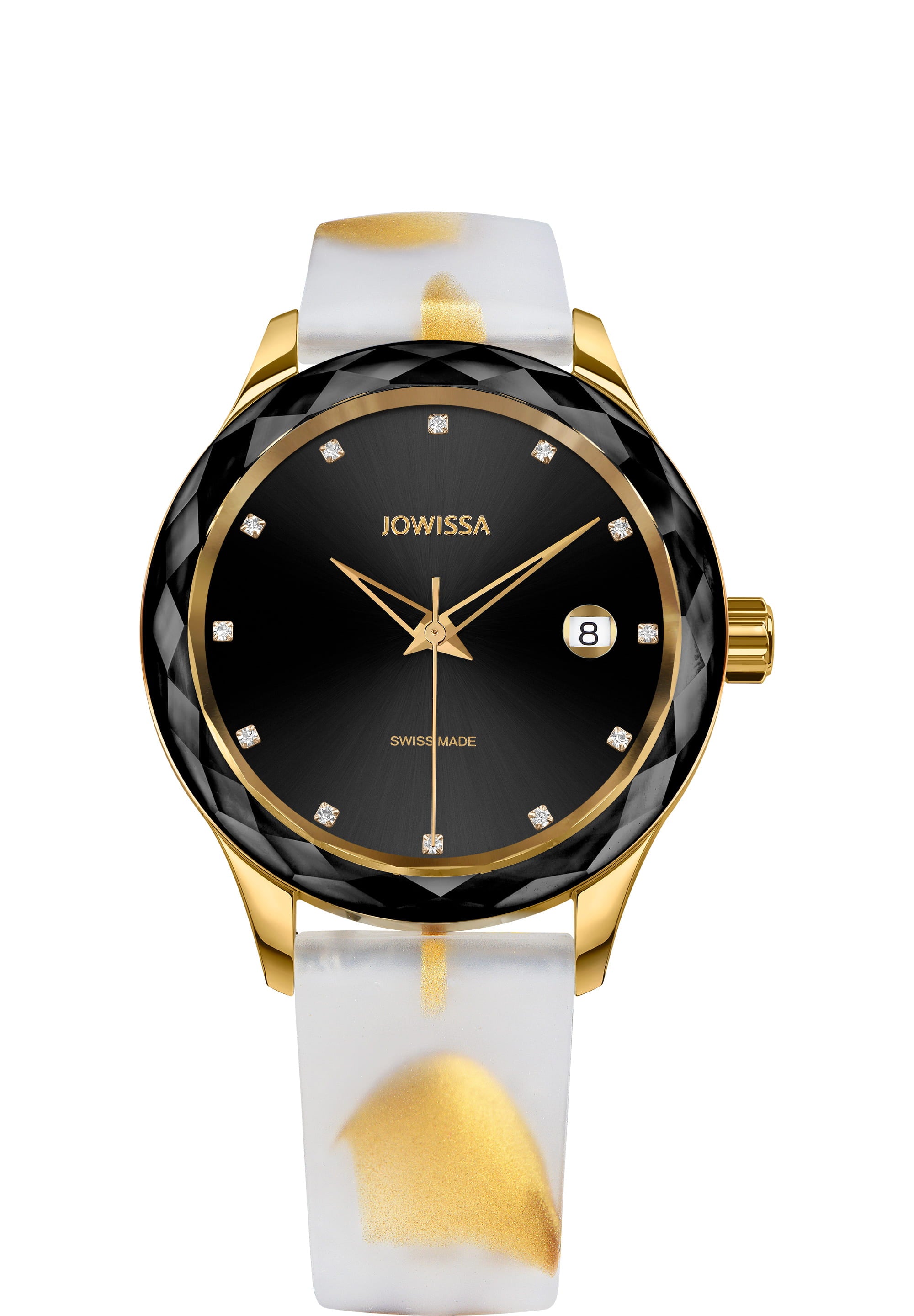 Tiro Swiss Ladies Watch J6.243.M featuring a black dial, gold accents, and a unique silicone strap.