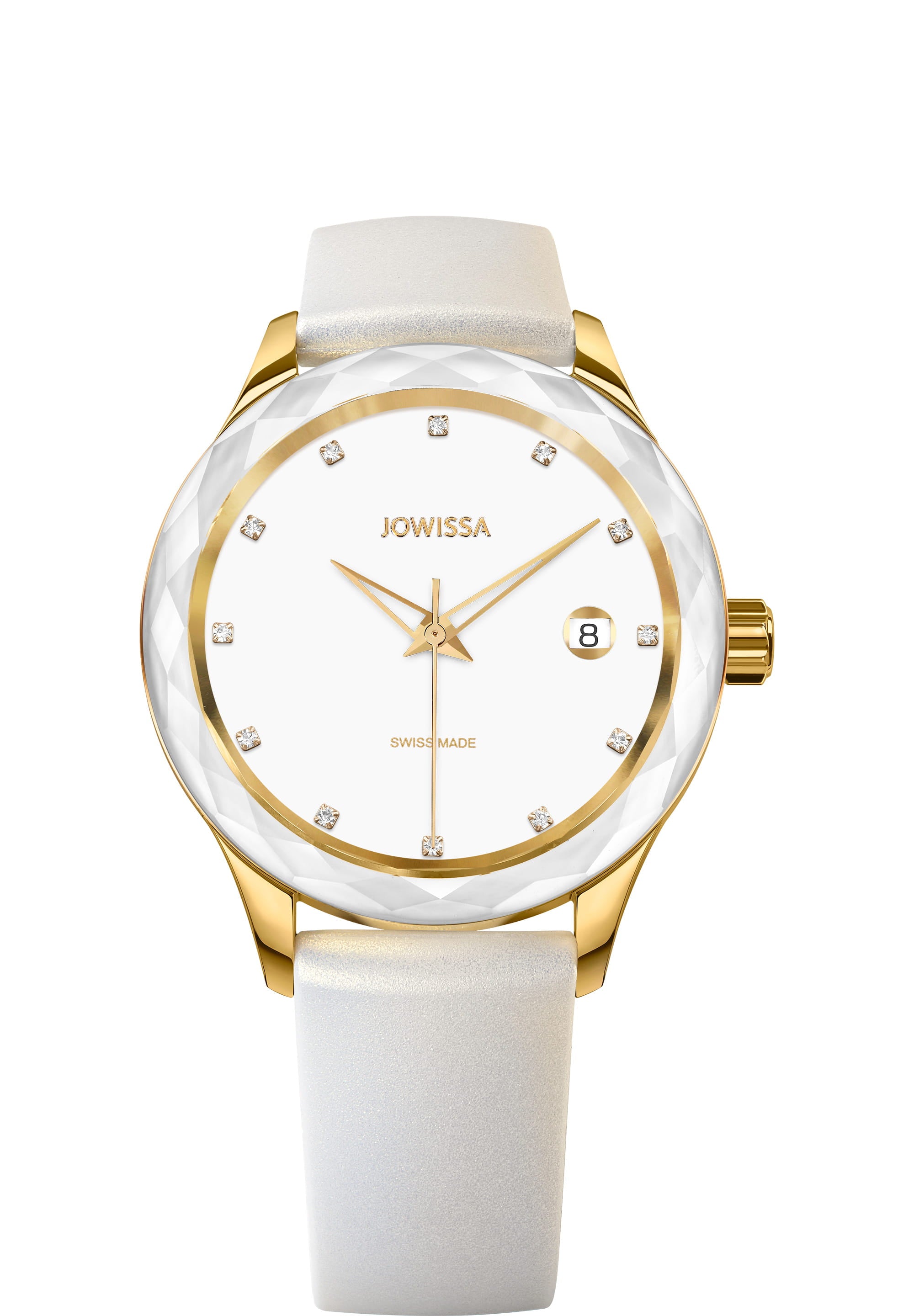 Tiro Swiss Ladies Watch J6.246.M featuring a gold and white design, 38mm stainless steel case, and soft silicone strap.