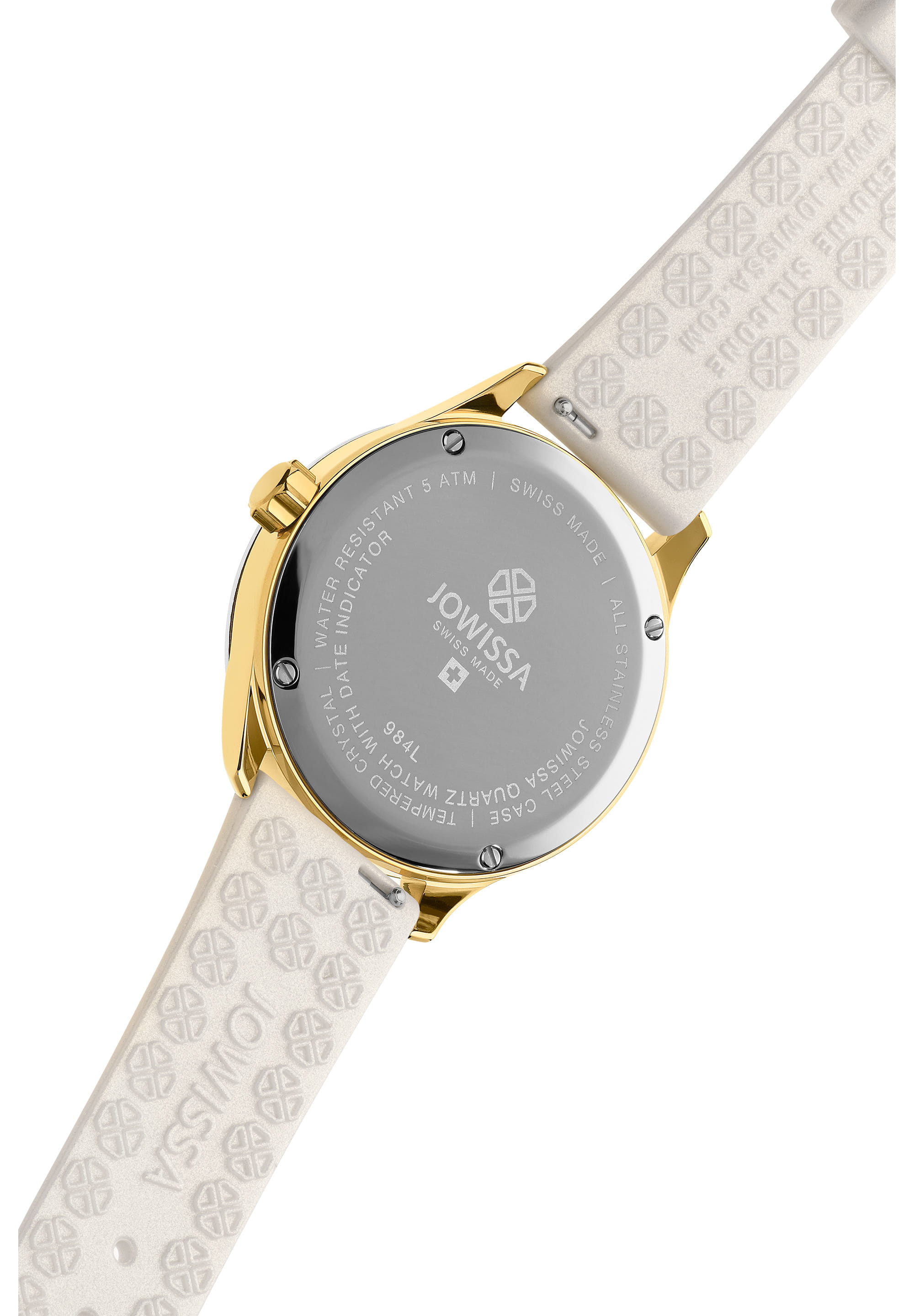 Tiro Swiss Ladies Watch J6.246.M featuring a gold and white design, 38mm stainless steel case, and soft silicone strap.