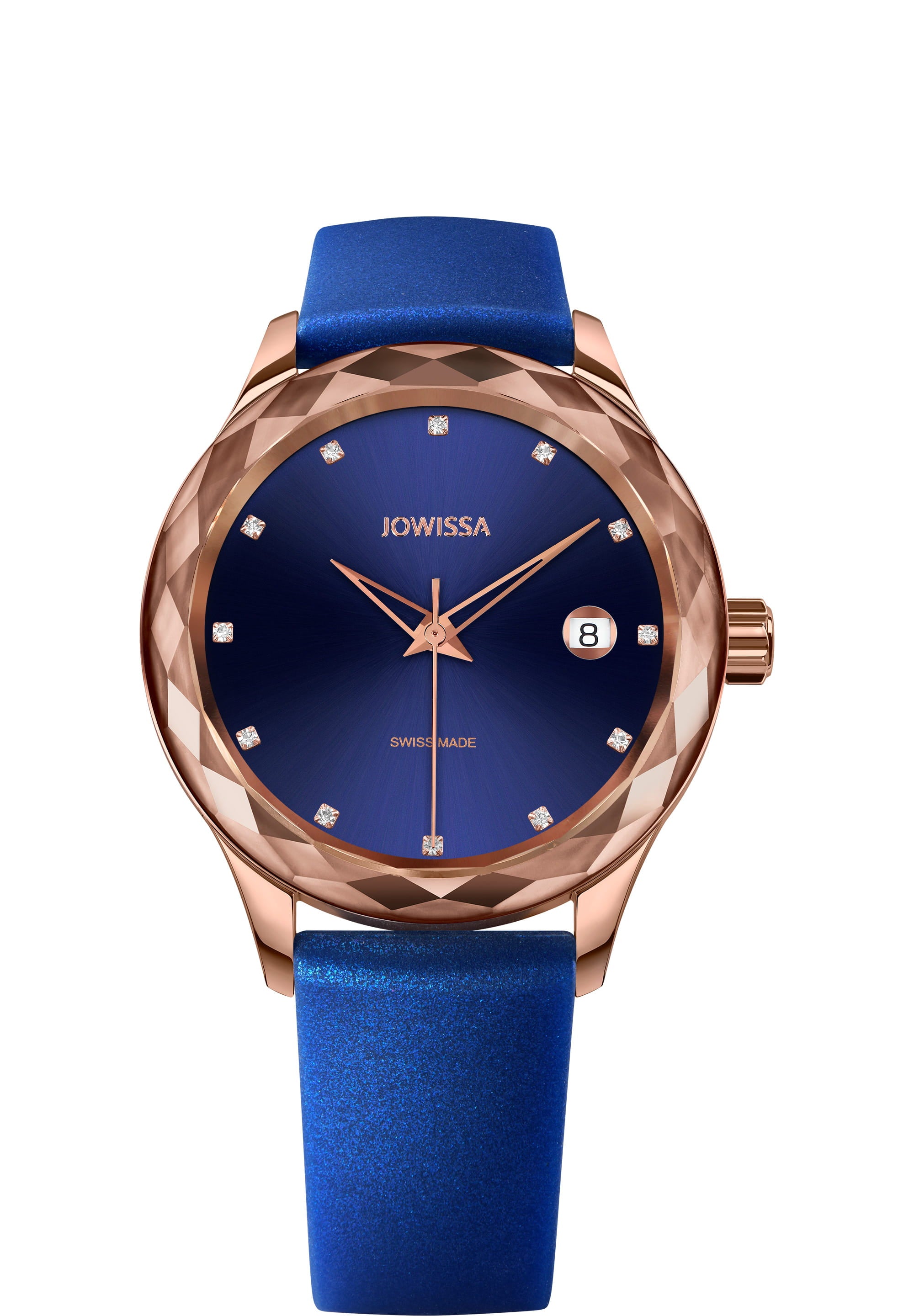 Tiro Swiss Ladies Watch J6.247.M featuring an ocean blue dial, rose gold accents, and a silicone strap, showcasing its elegant design.