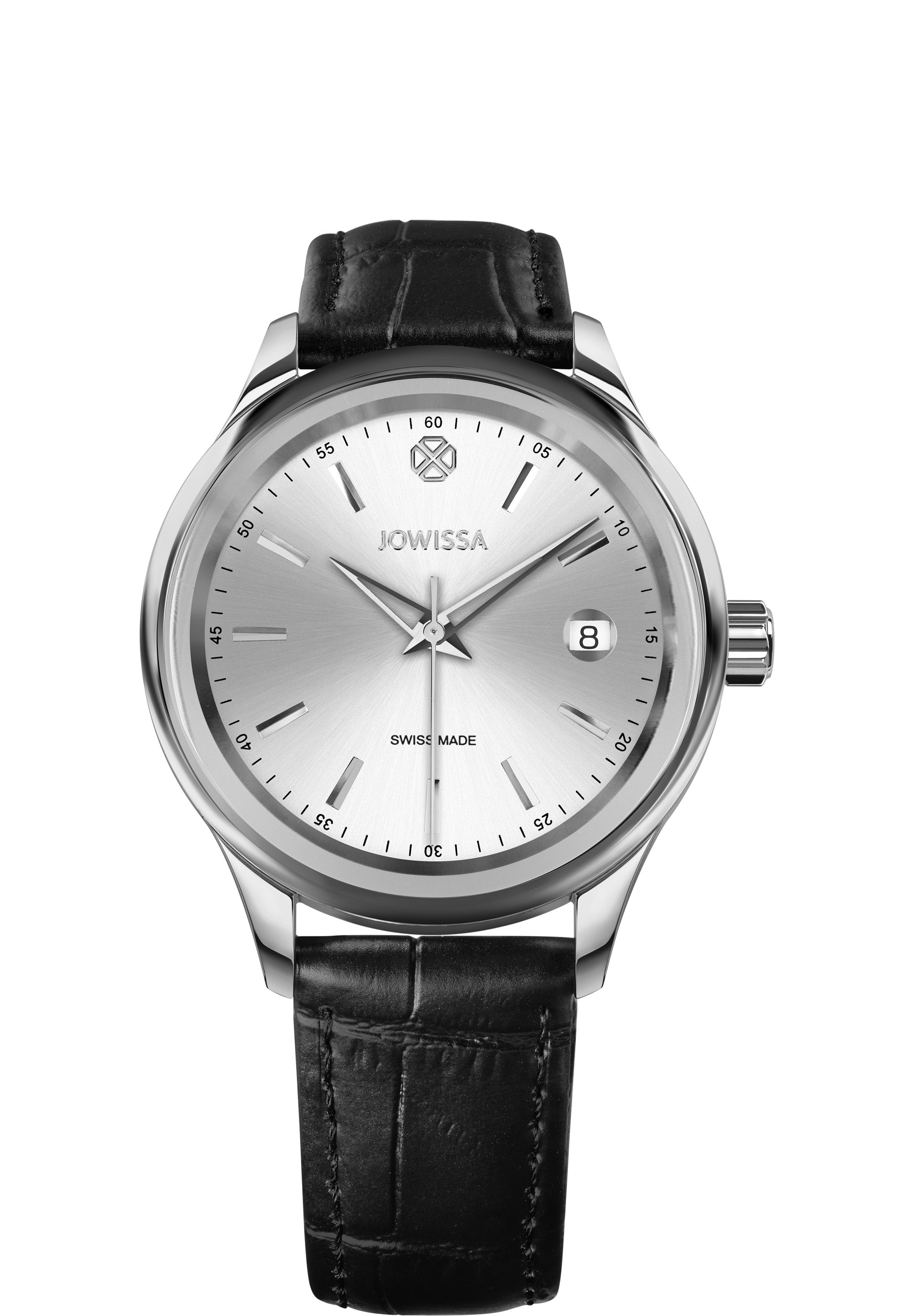 Tiro Swiss Made Watch J4.196.M featuring a silver sunray dial, stainless steel case, and black leather strap.