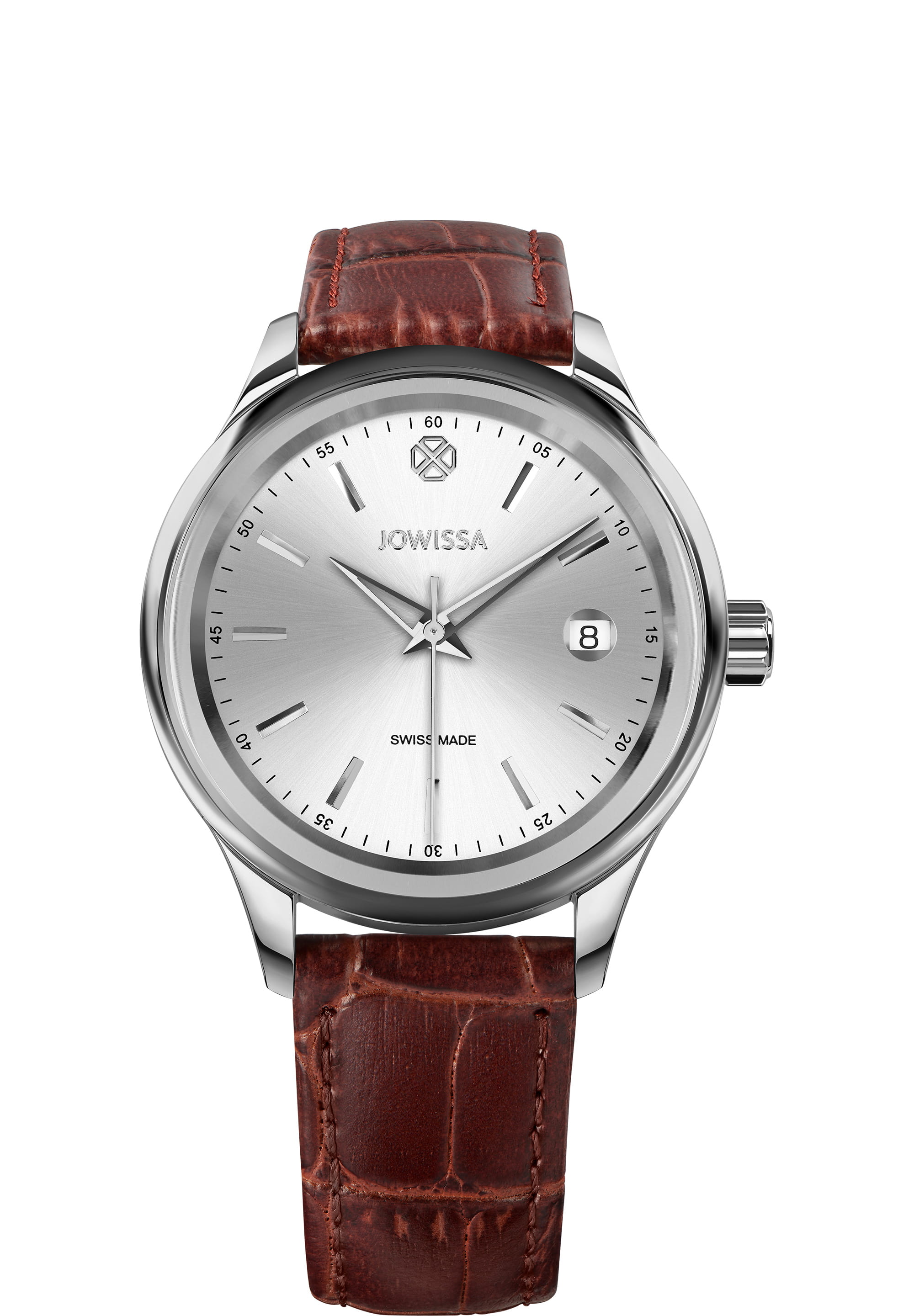 Tiro Swiss Made Watch J4.197.M featuring a silver sunray dial, stainless steel case, and brown leather strap.