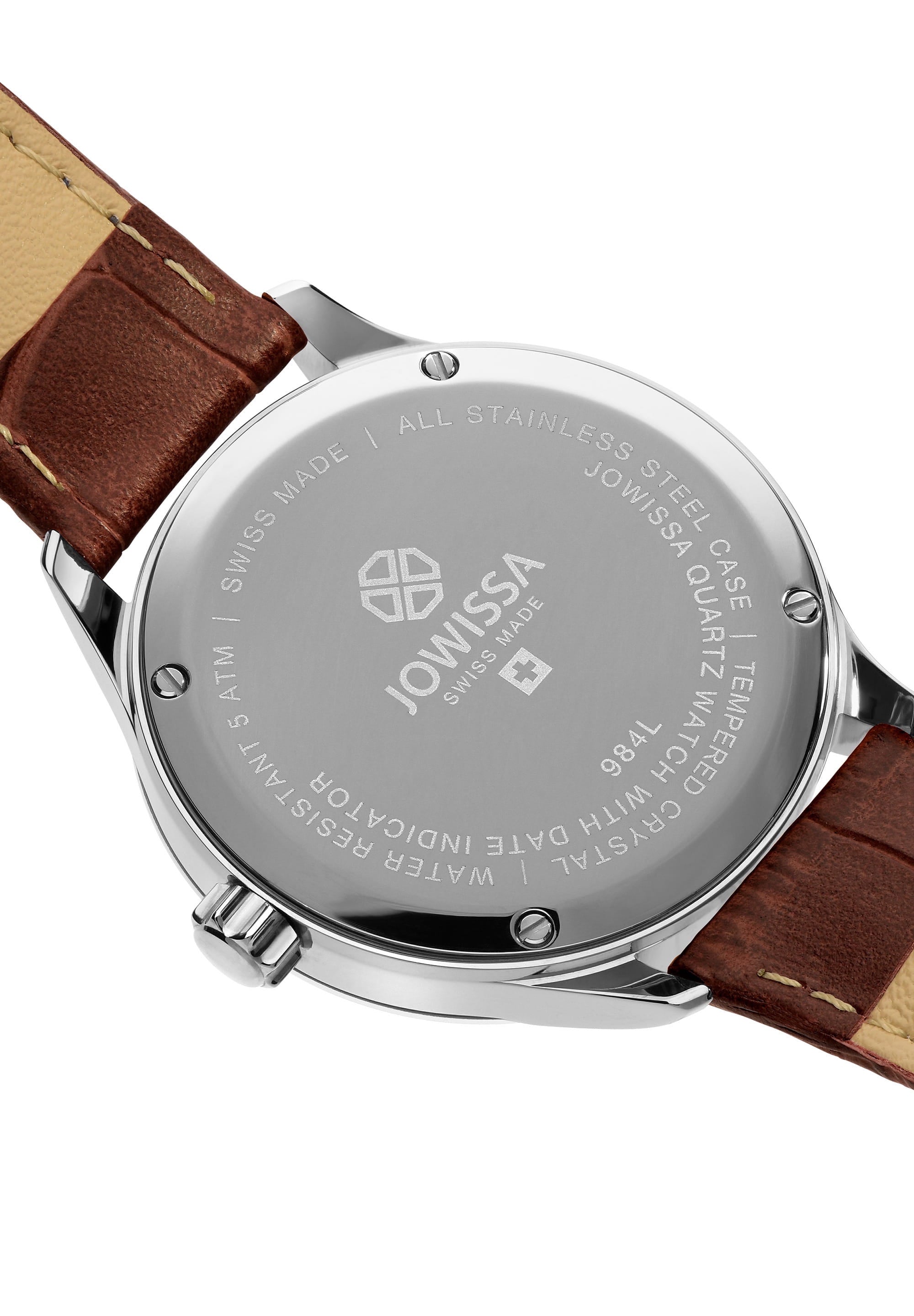 Tiro Swiss Made Watch J4.197.M featuring a silver sunray dial, stainless steel case, and brown leather strap.