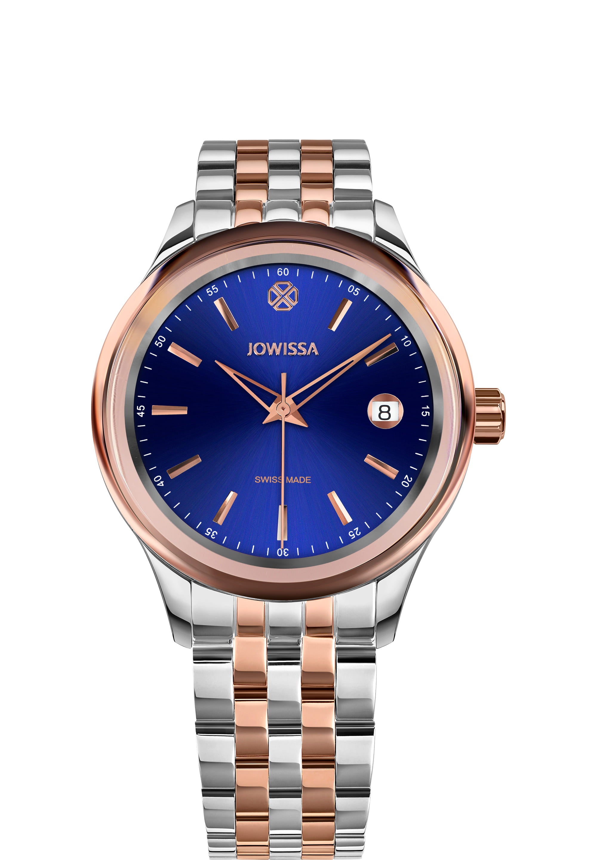 Tiro Swiss Made Watch J4.231.M featuring a vibrant blue dial, polished gold-tone markers, and a stainless steel band.