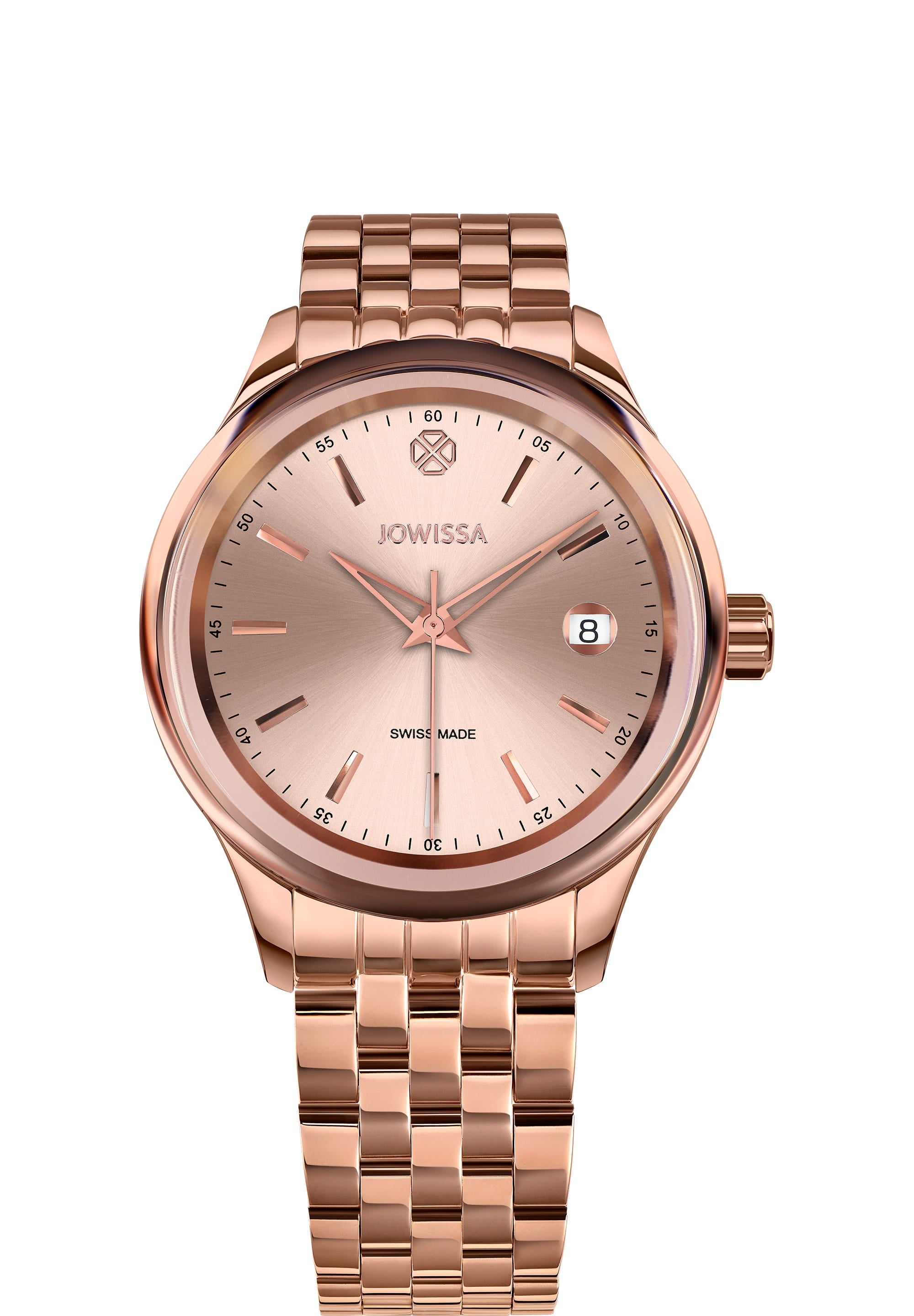 Tiro Swiss Made Watch J4.232.M featuring a stainless steel case, shiny sunray dial, and stainless steel bracelet in rose color.