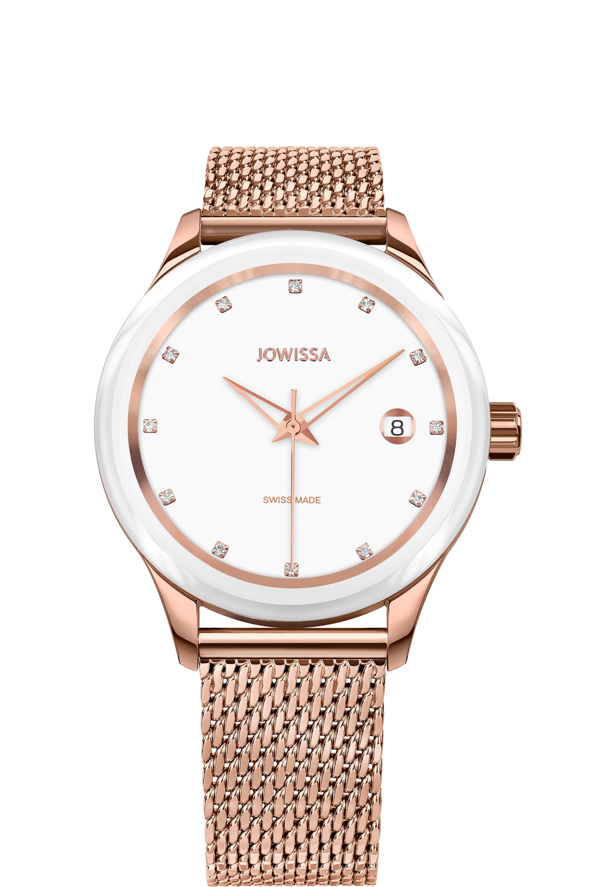 Tiro Swiss Made Watch J4.225.M featuring a stainless steel case, shiny sunray dial, and adjustable mesh band, designed for women.