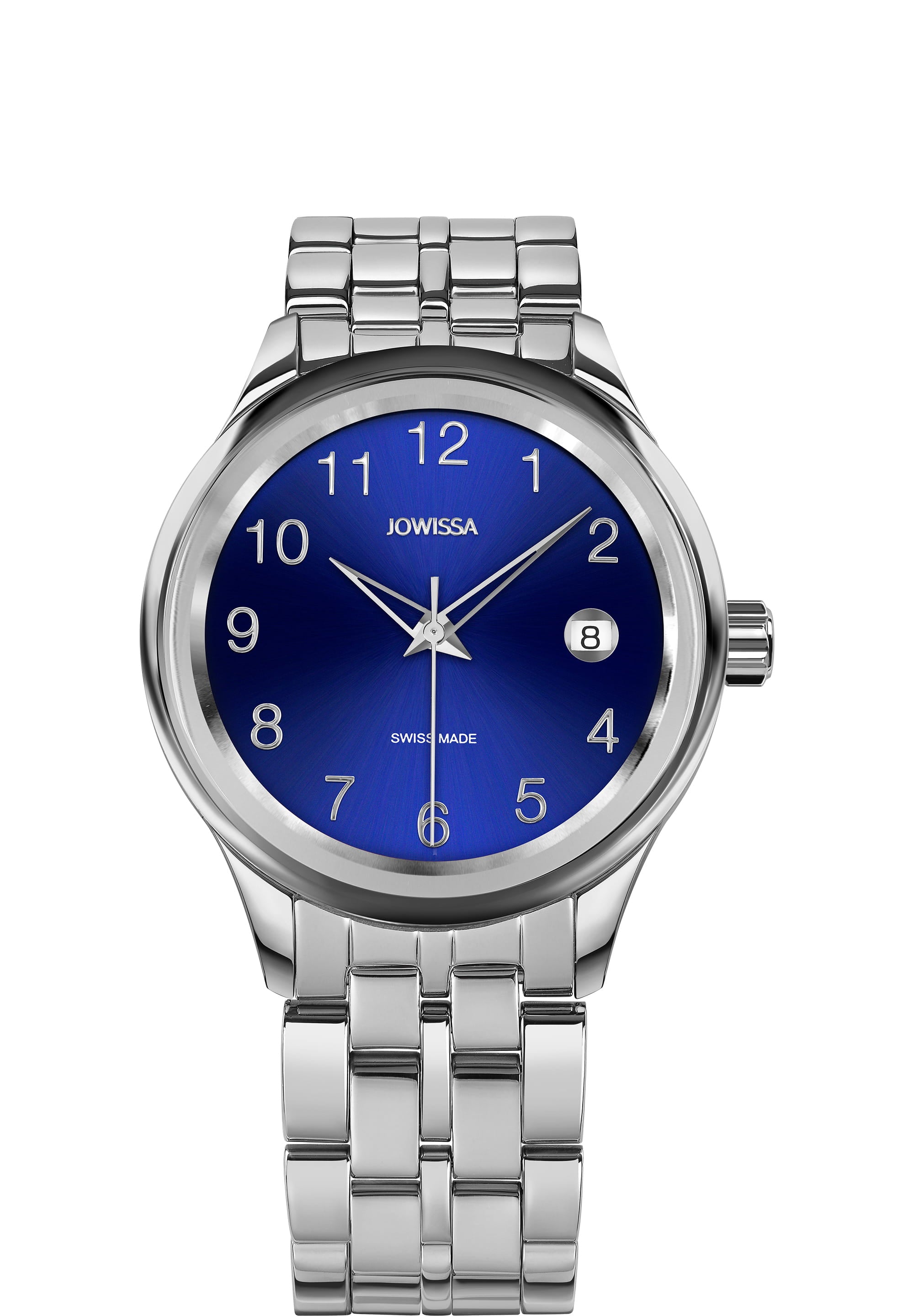 Tiro Swiss Made Watch J4.226.M featuring a stainless steel case, blue sunray dial, and stainless steel bracelet.