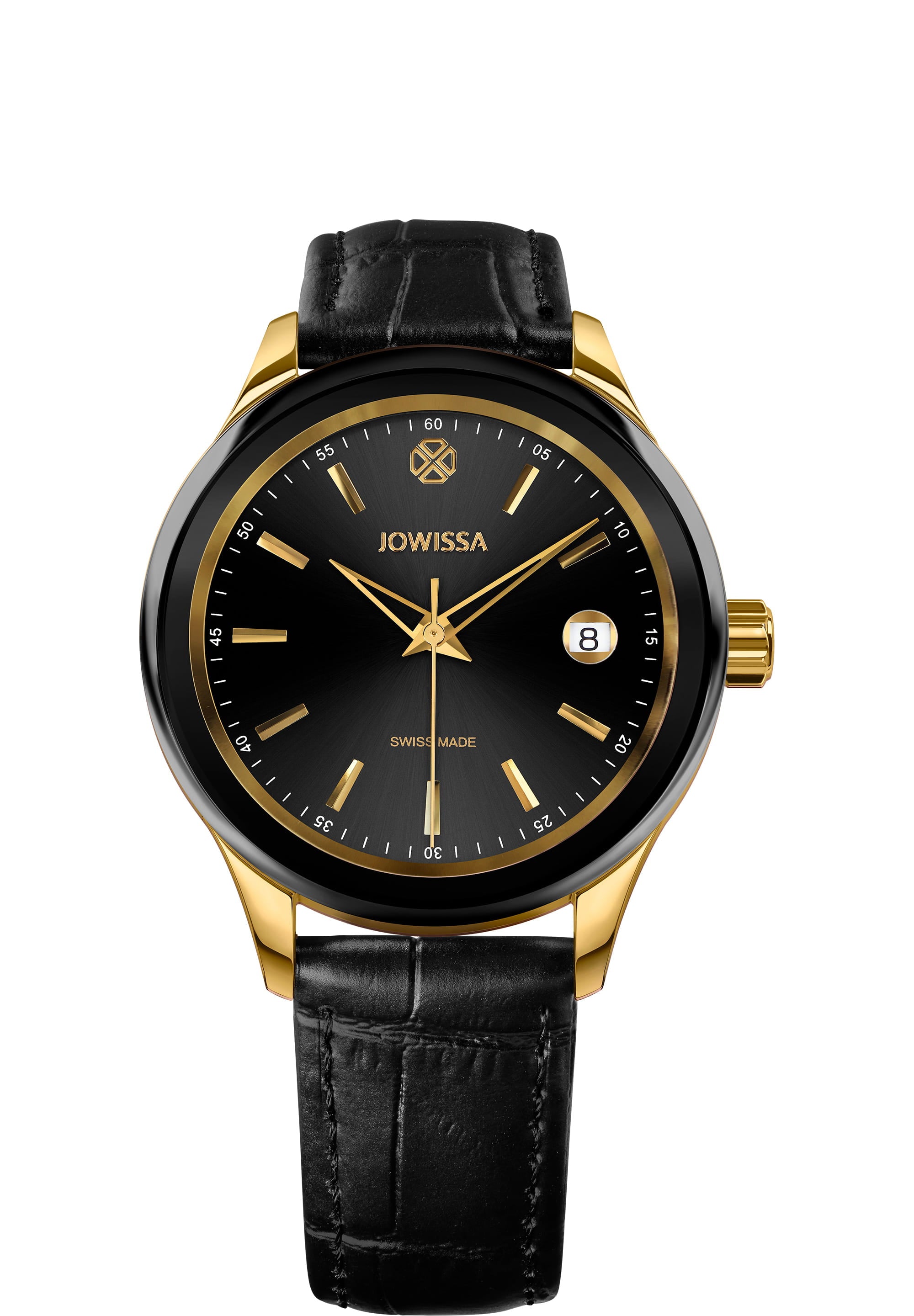 Tiro Swiss Made Watch J4.297.M featuring a black dial, golden markers, and a black leather strap, showcasing its elegant design.