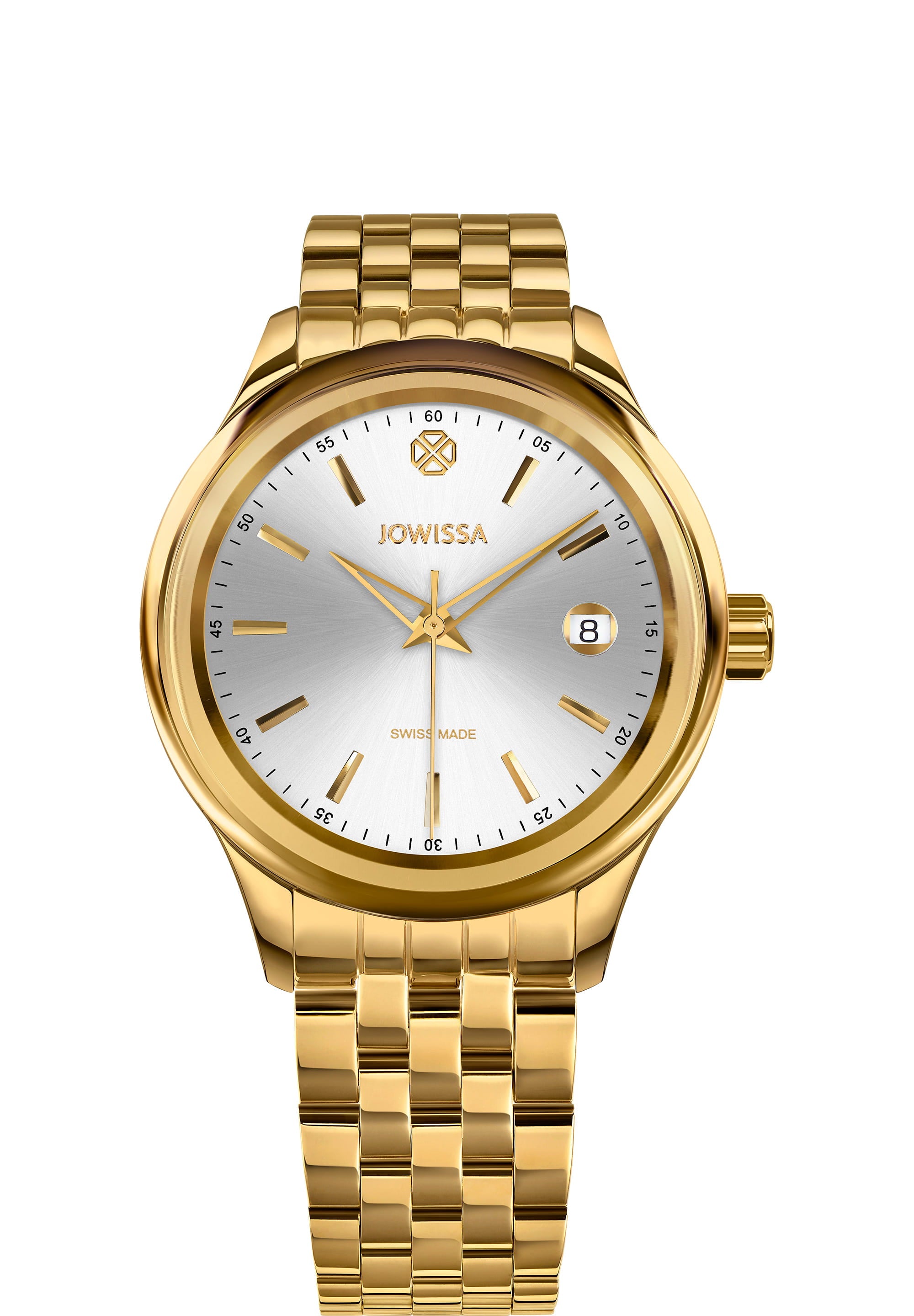 Tiro Swiss Made Watch J4.298.M featuring a gold case, silver dial, and polished gold bracelet, showcasing its elegant design.