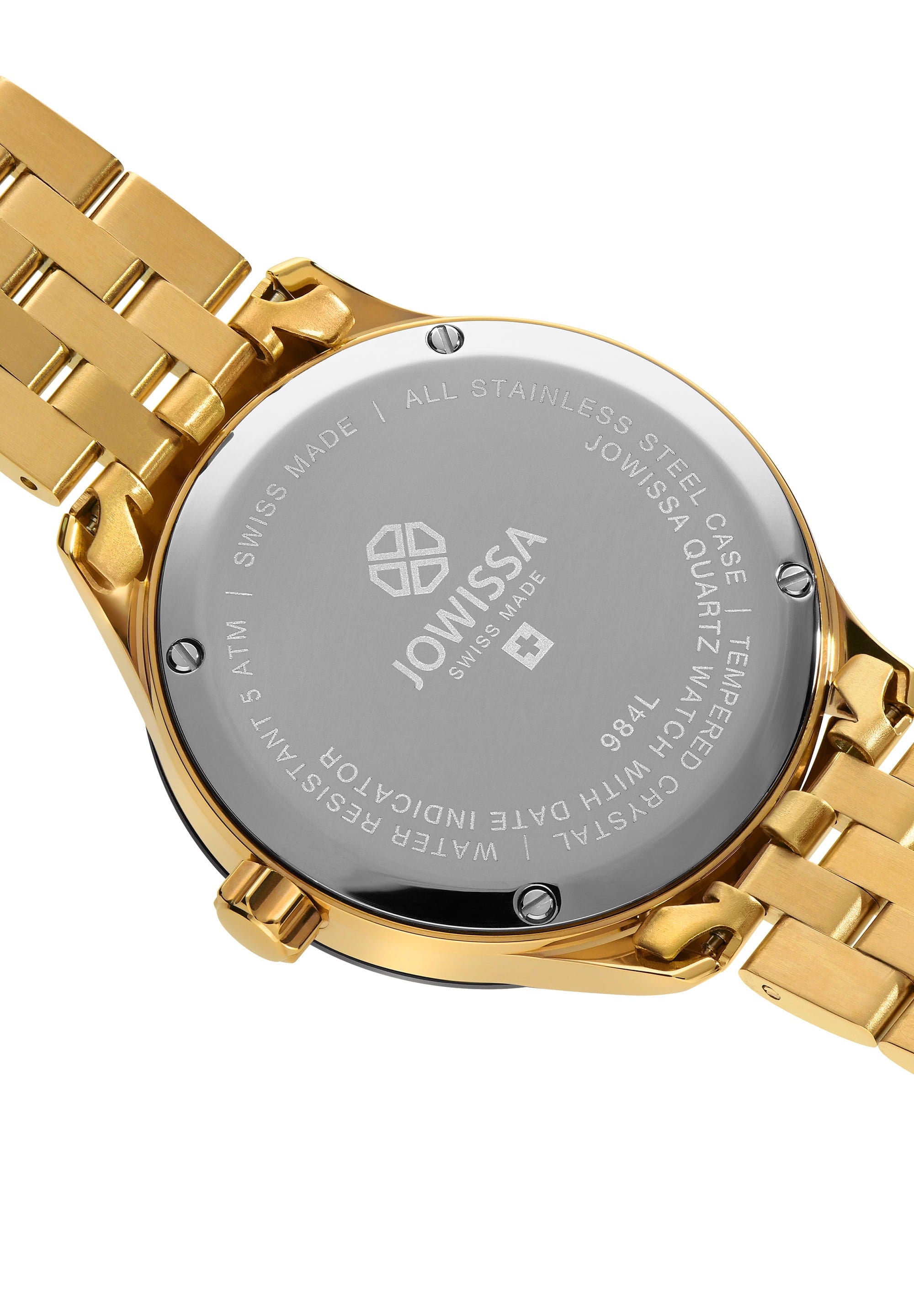 Tiro Swiss Made Watch J4.298.M featuring a gold case, silver dial, and polished gold bracelet, showcasing its elegant design.