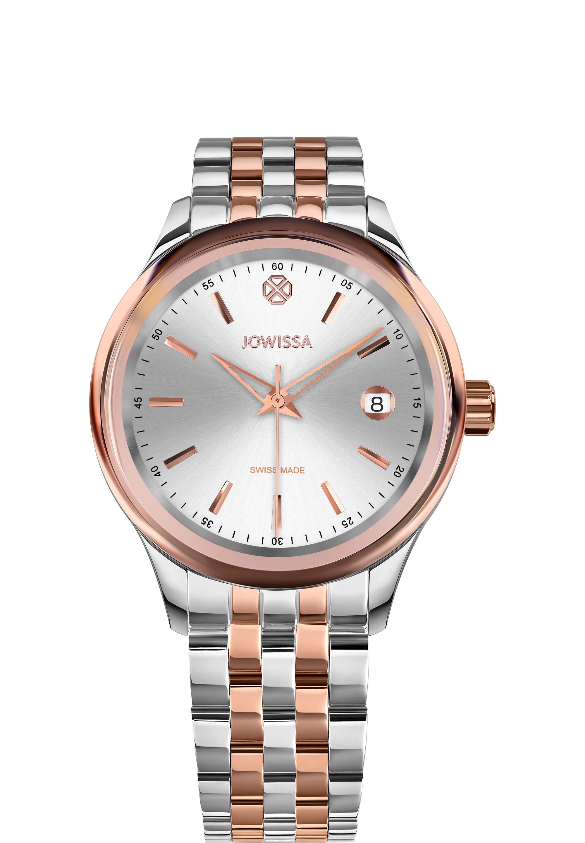 Tiro Swiss Made Watch J4.229.M featuring a bi-colour stainless steel bracelet and a silver dial with rose-gold hour markers.