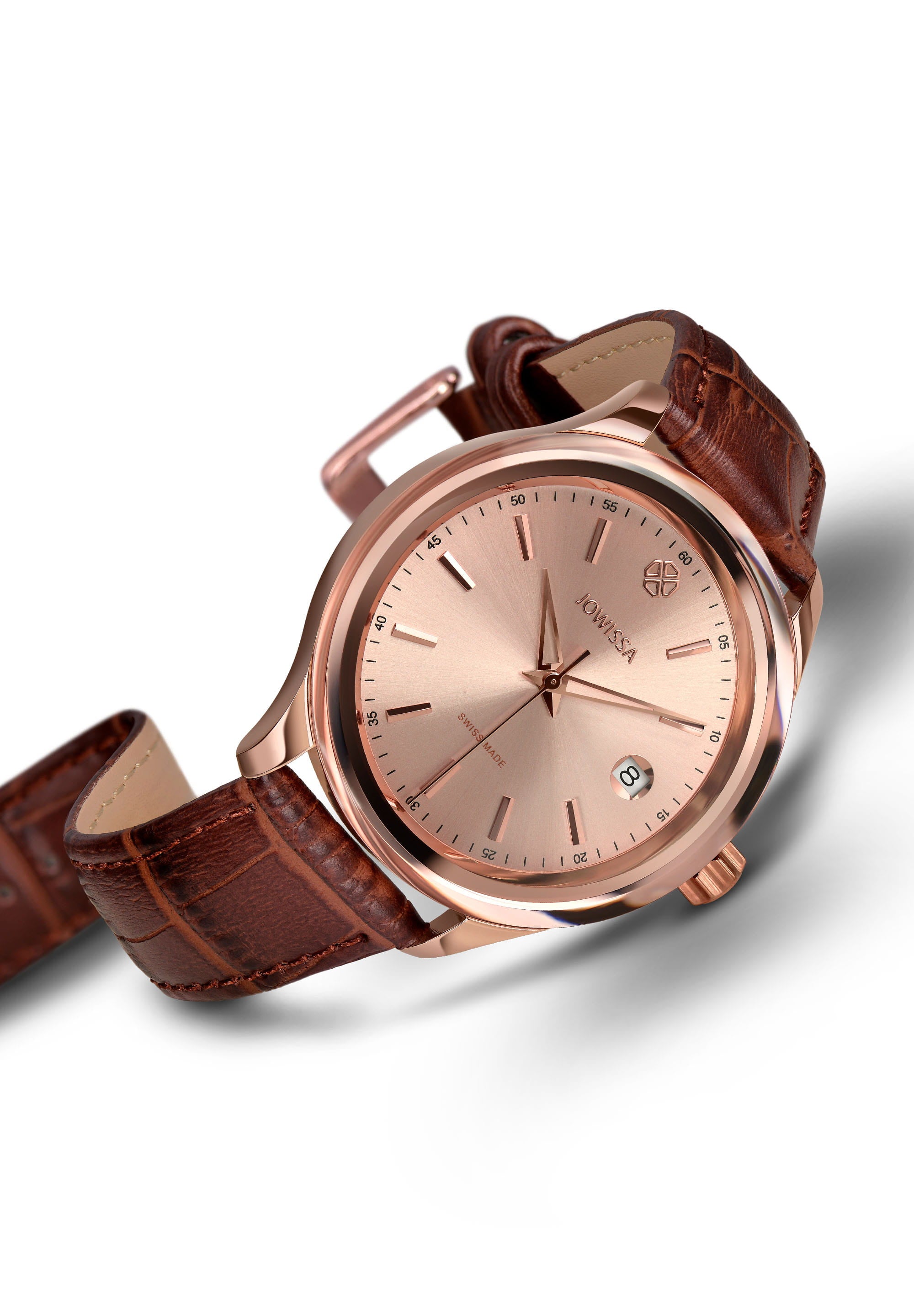 Tiro Swiss Made Watch J4.351.M featuring a stainless steel case, genuine leather strap, and elegant sunray dial.