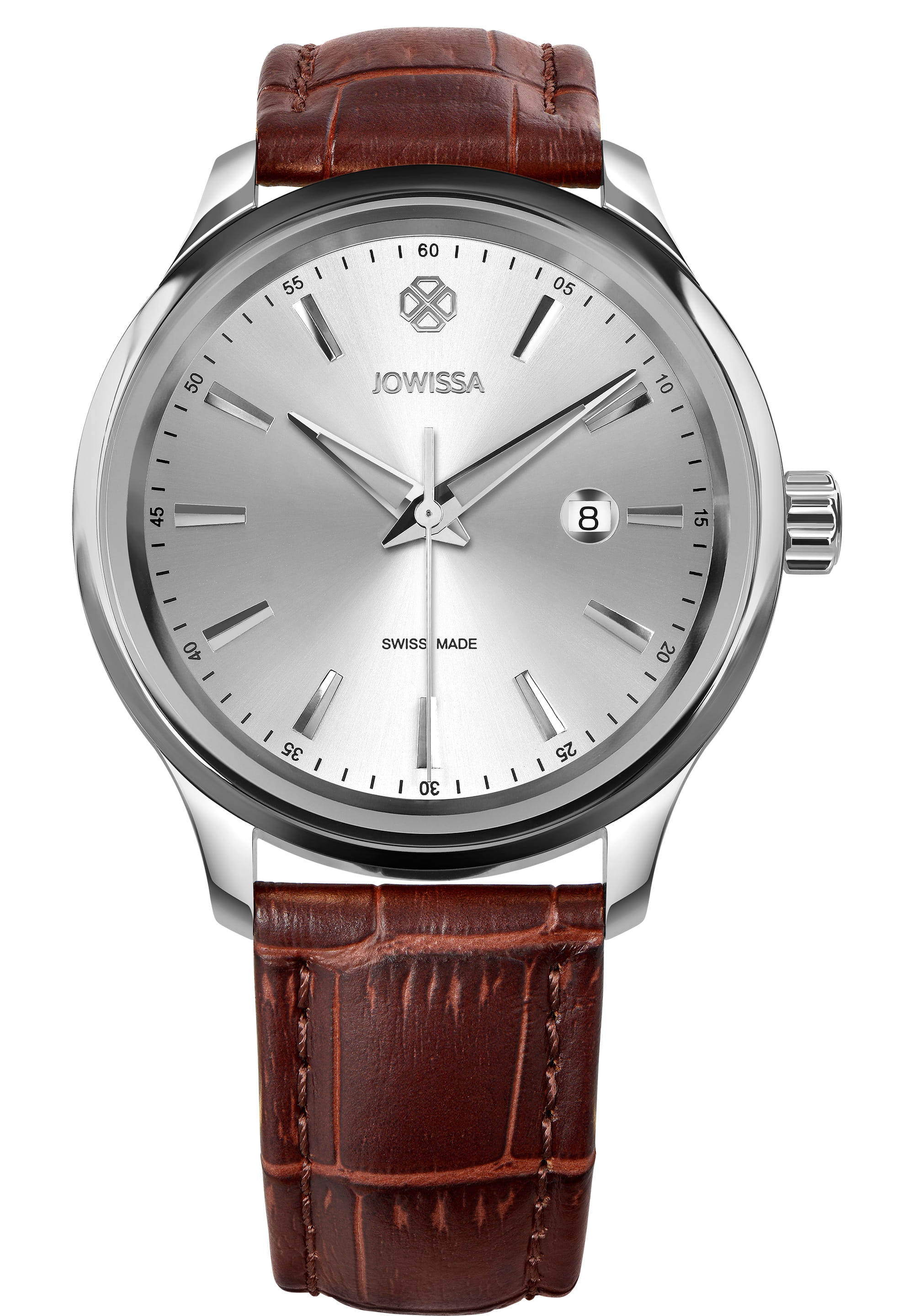 Tiro Swiss Men's Watch J4.197.L featuring a silver sunray dial, stainless steel case, and brown leather strap.