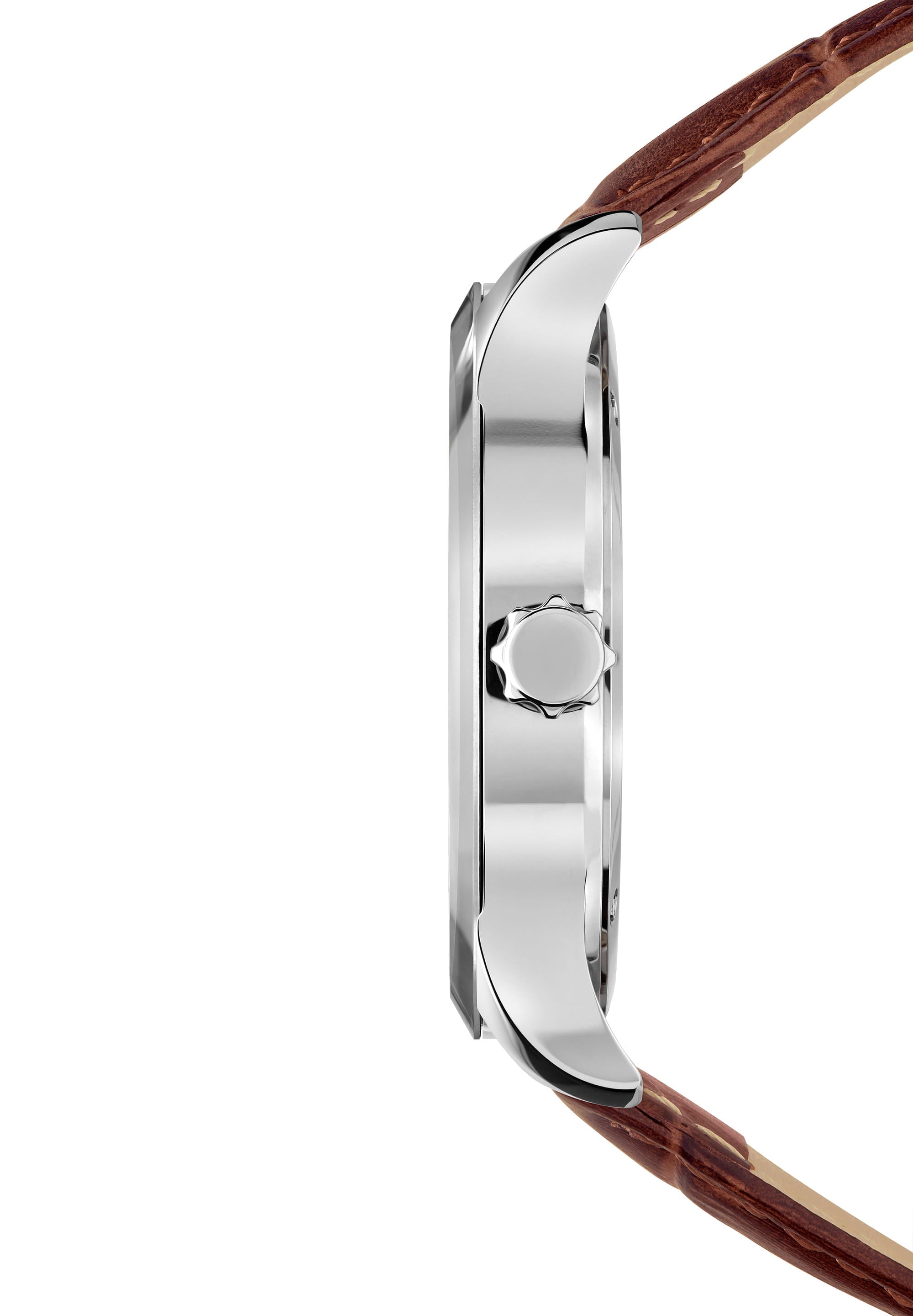 Tiro Swiss Men's Watch J4.197.L featuring a silver sunray dial, stainless steel case, and brown leather strap.