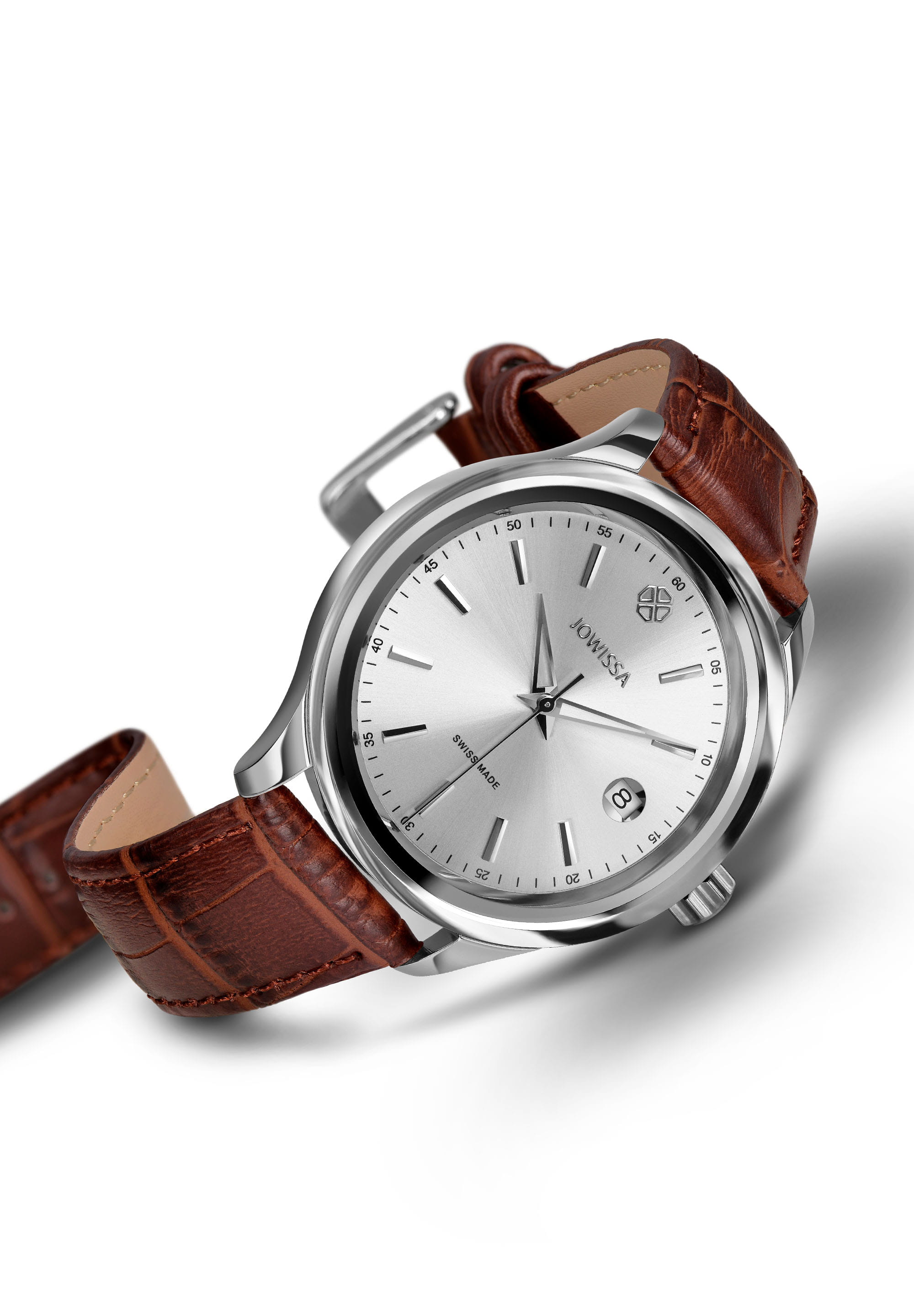 Tiro Swiss Men's Watch J4.197.L featuring a silver sunray dial, stainless steel case, and brown leather strap.