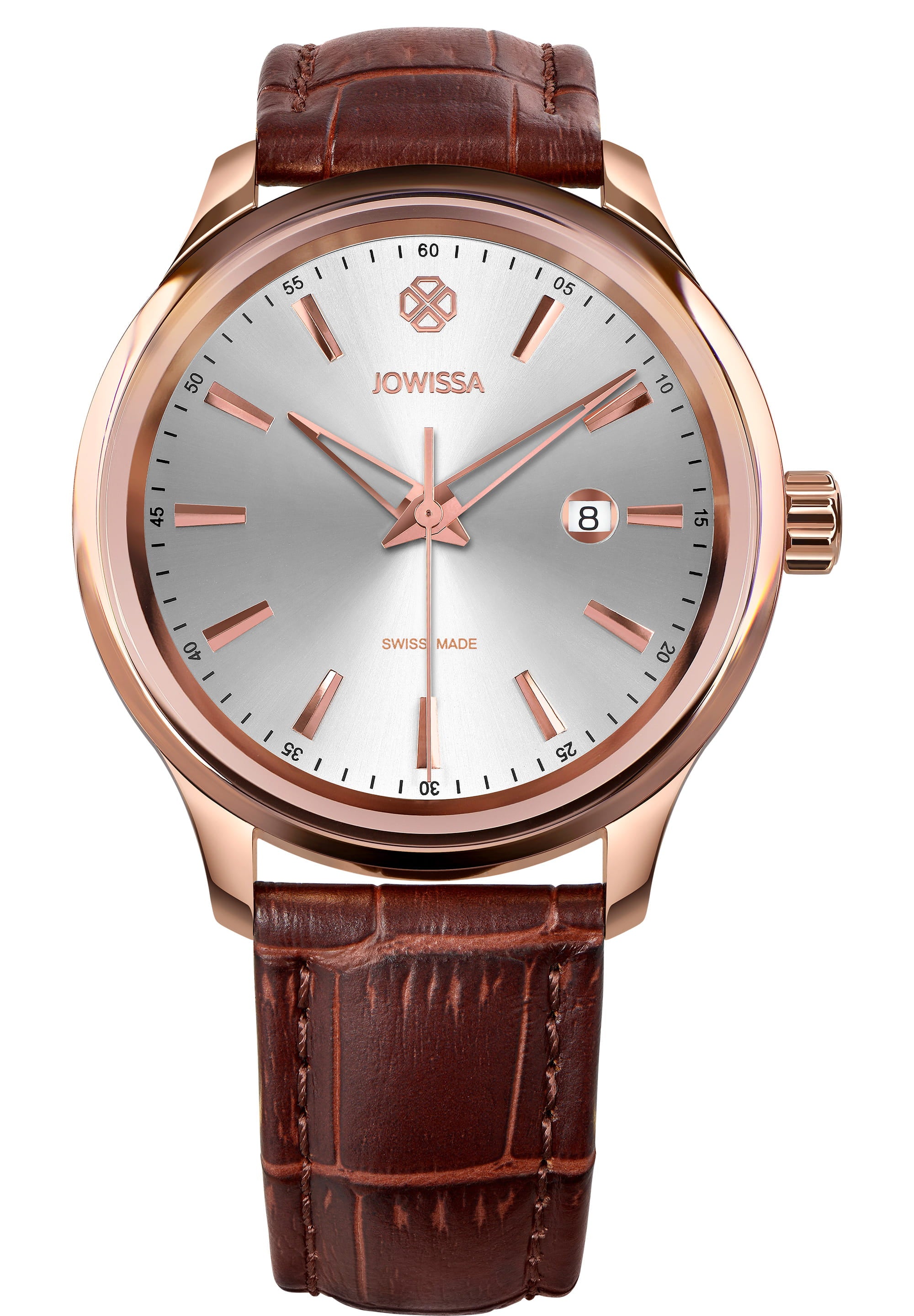 Tiro Swiss Men's Watch J4.202.L featuring a stainless steel case, silver sunray dial, and brown leather strap.