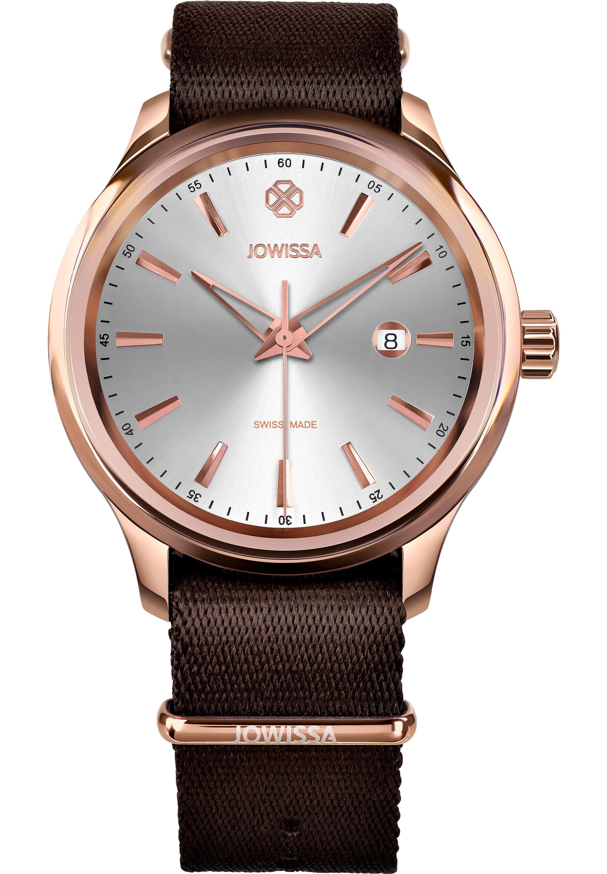 Tiro Swiss Men's Watch J4.245.L featuring a silver dial, rose-gold indices, and a brown textile NATO strap, showcasing its elegant design.