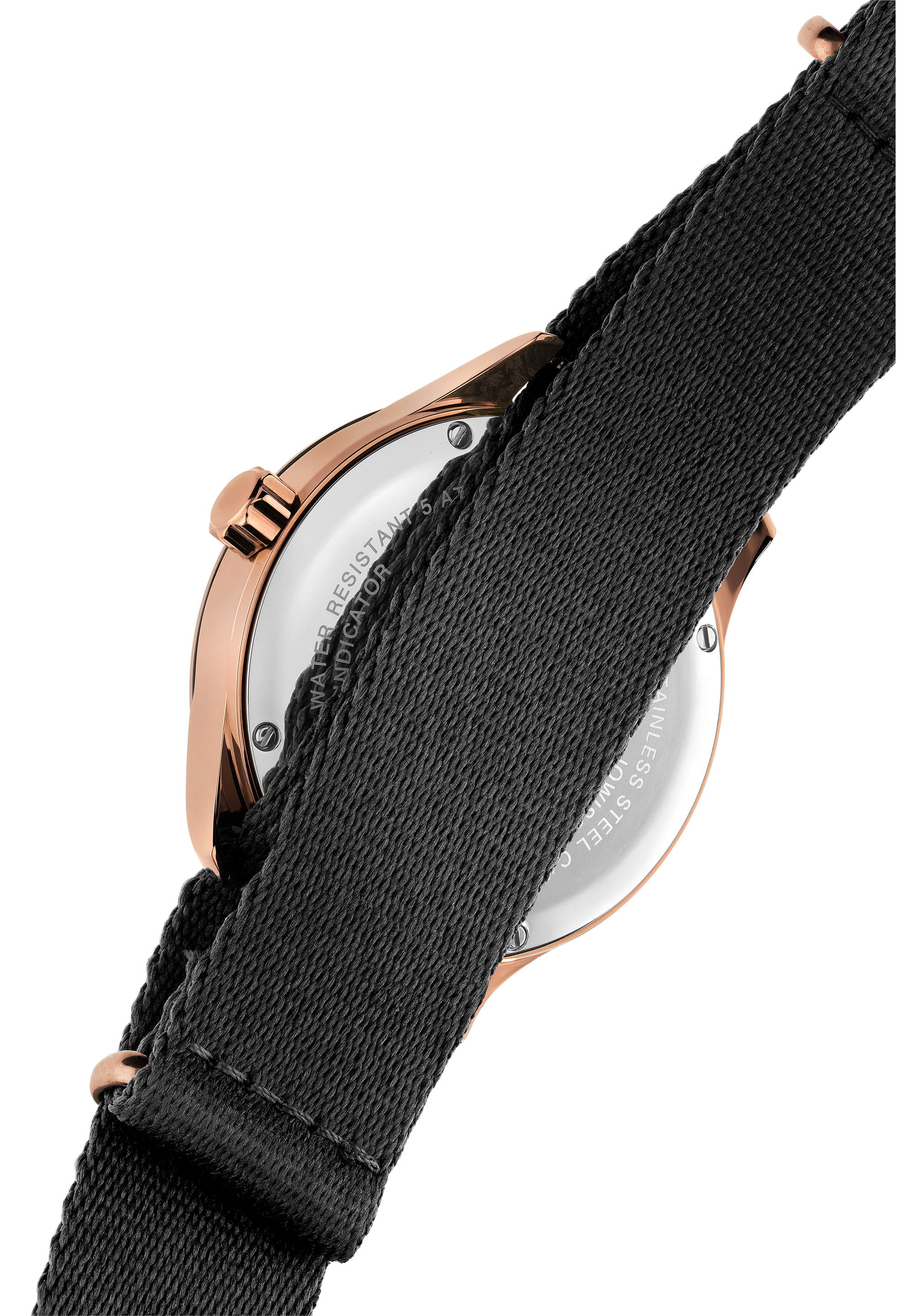 Tiro Swiss Men's Watch J4.246.L featuring a black sunray dial, rose-gold indices, and a NATO textile strap on a polished stainless steel case.