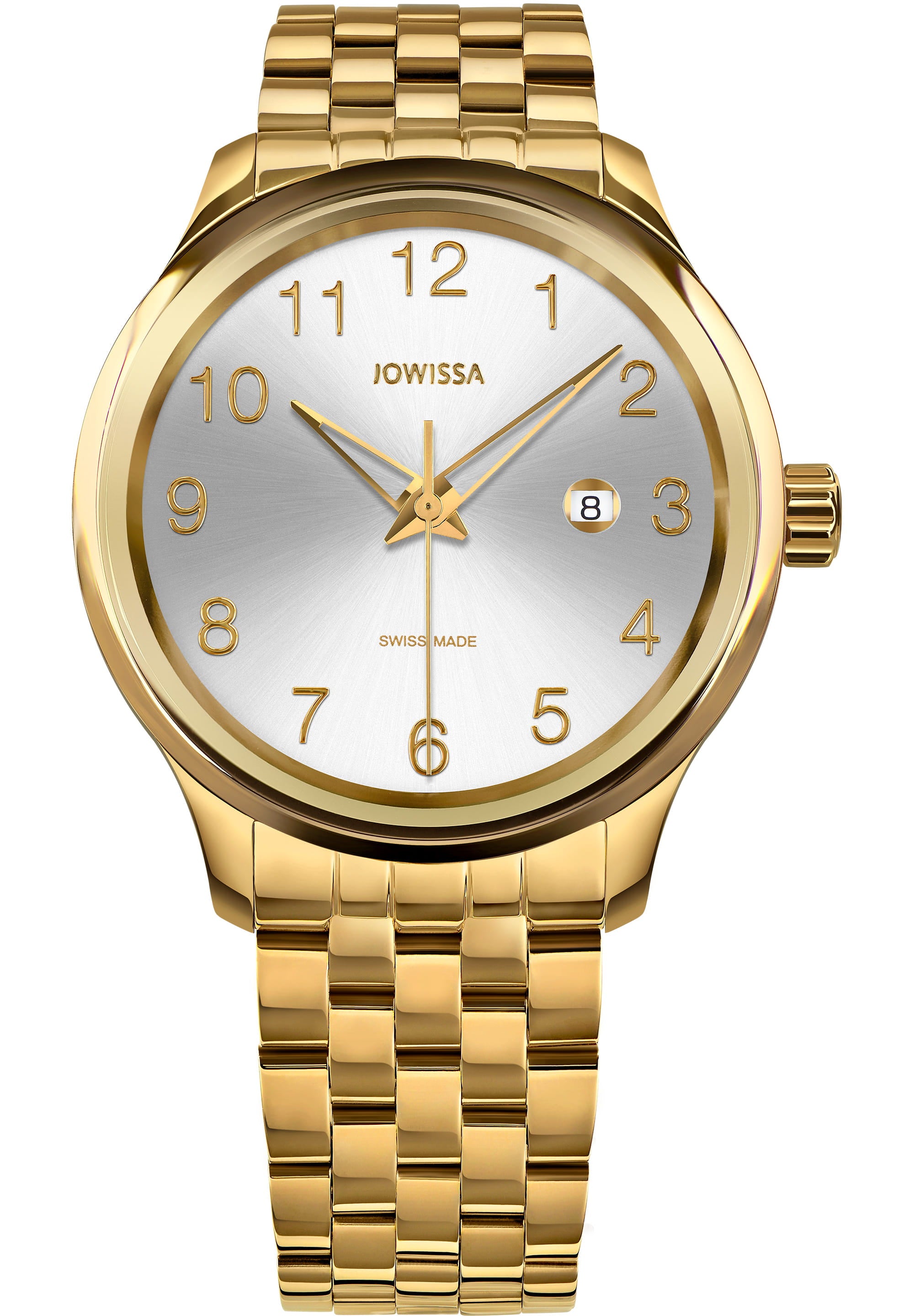 Tiro Swiss Men's Watch J4.247.L featuring a stainless steel case, gold plating, and a shiny sunray dial.