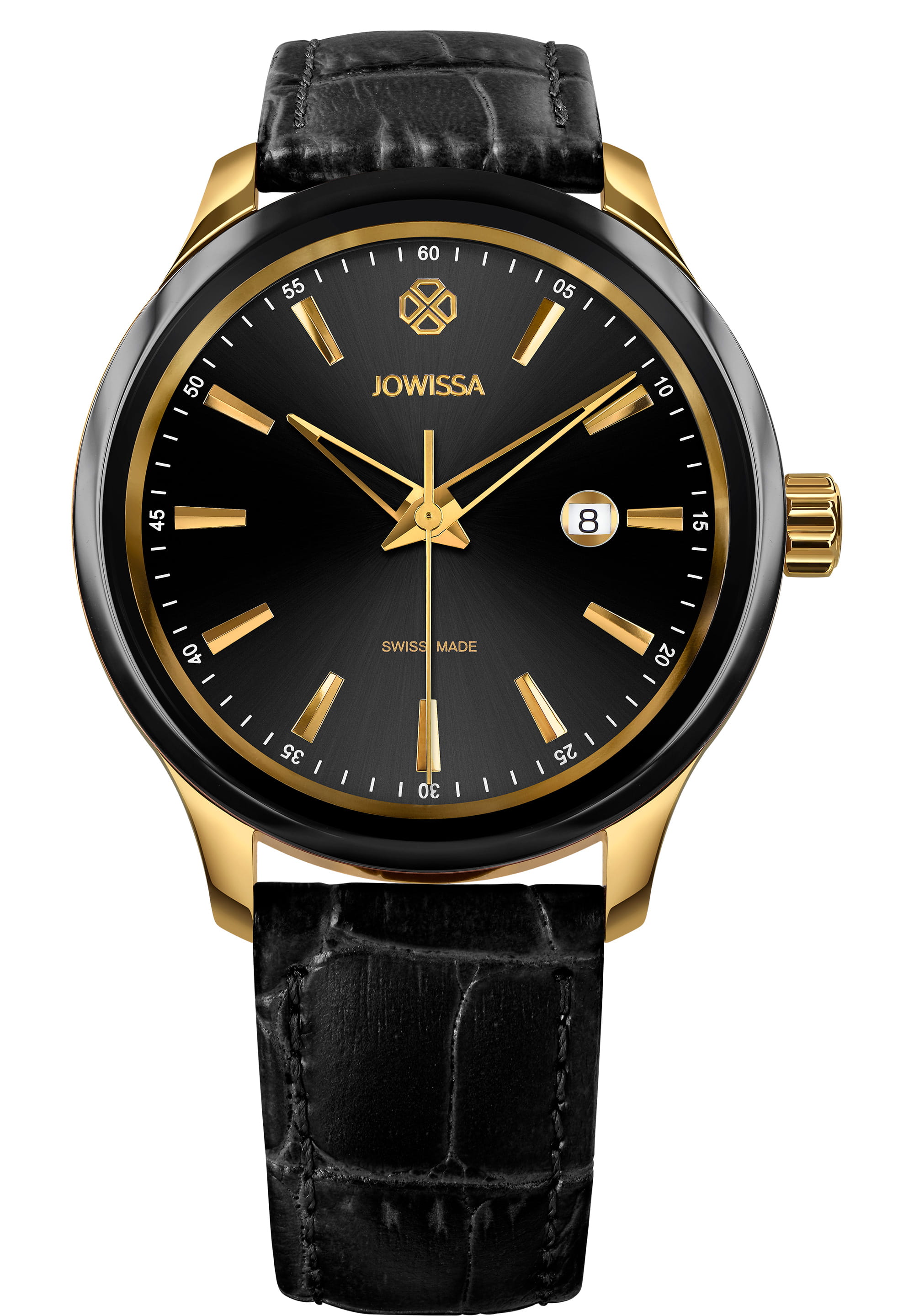 Tiro Swiss Men's Watch J4.297.L featuring a black dial, gold markers, and a genuine leather strap, showcasing its elegant design.